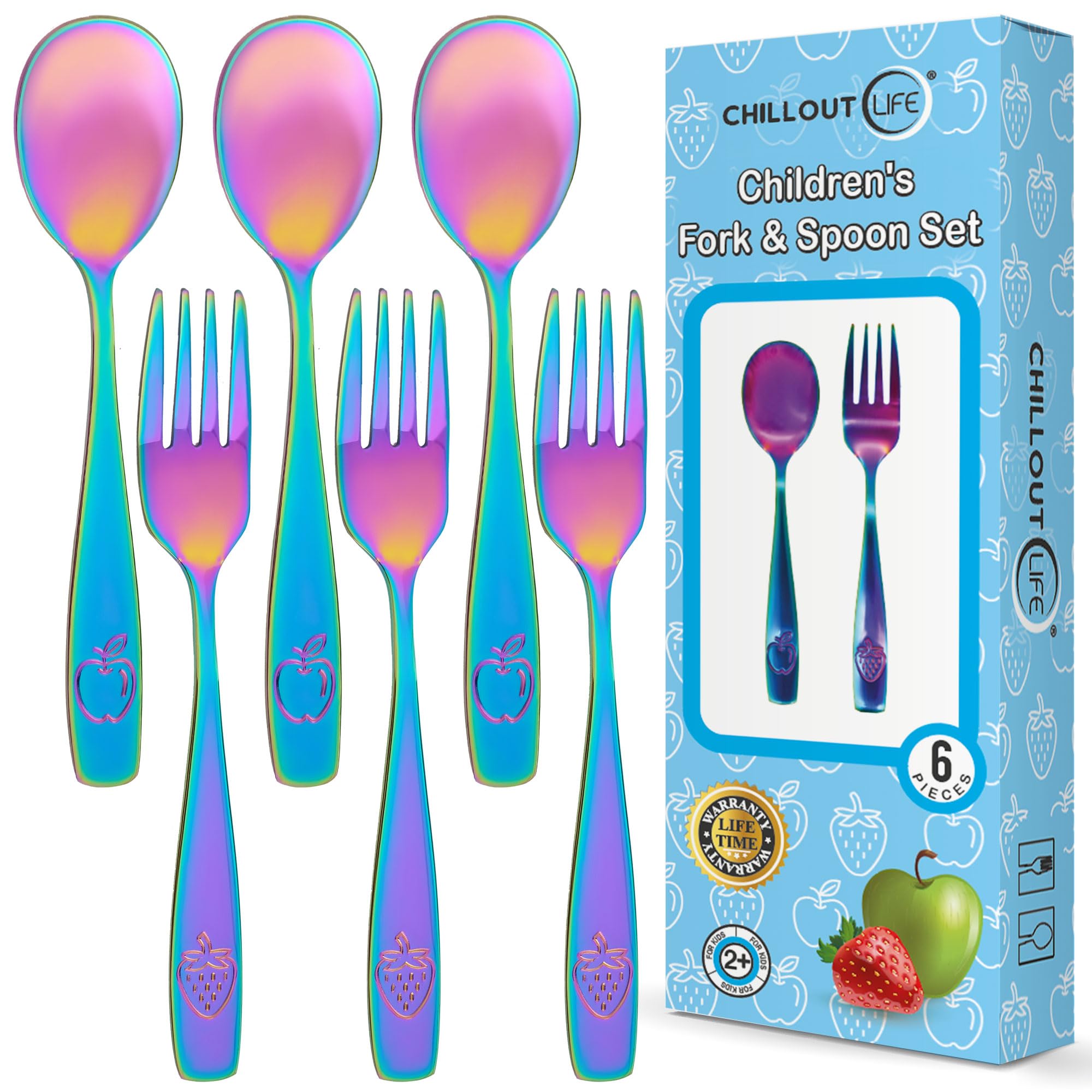 CHILLOUT LIFE Stainless Steel Kids Silverware Set — UV Rainbow 6 Piece