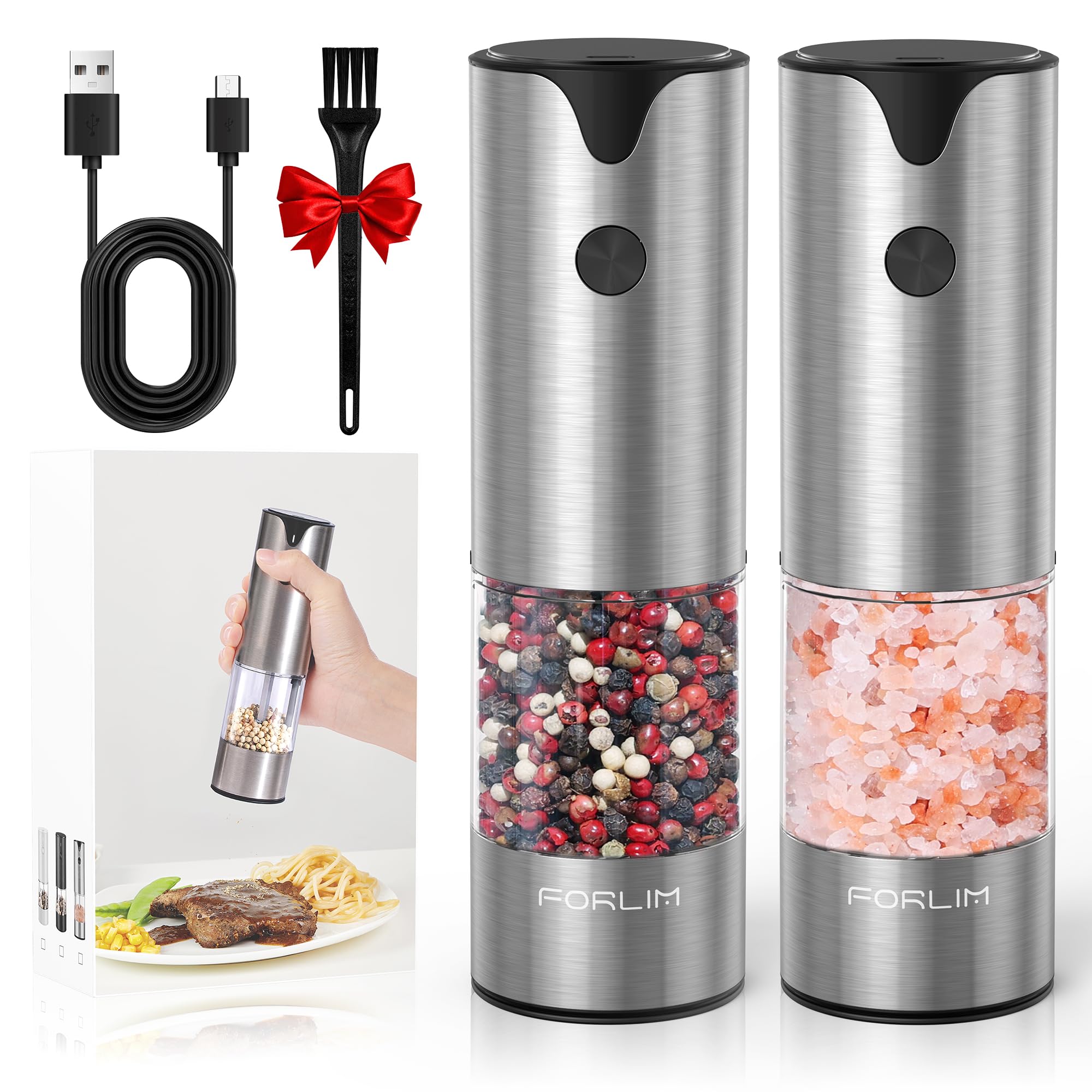 FORLIM Electric Salt and Pepper Grinder Set — USB Rechargeable, Warm LED, One-Button Control
