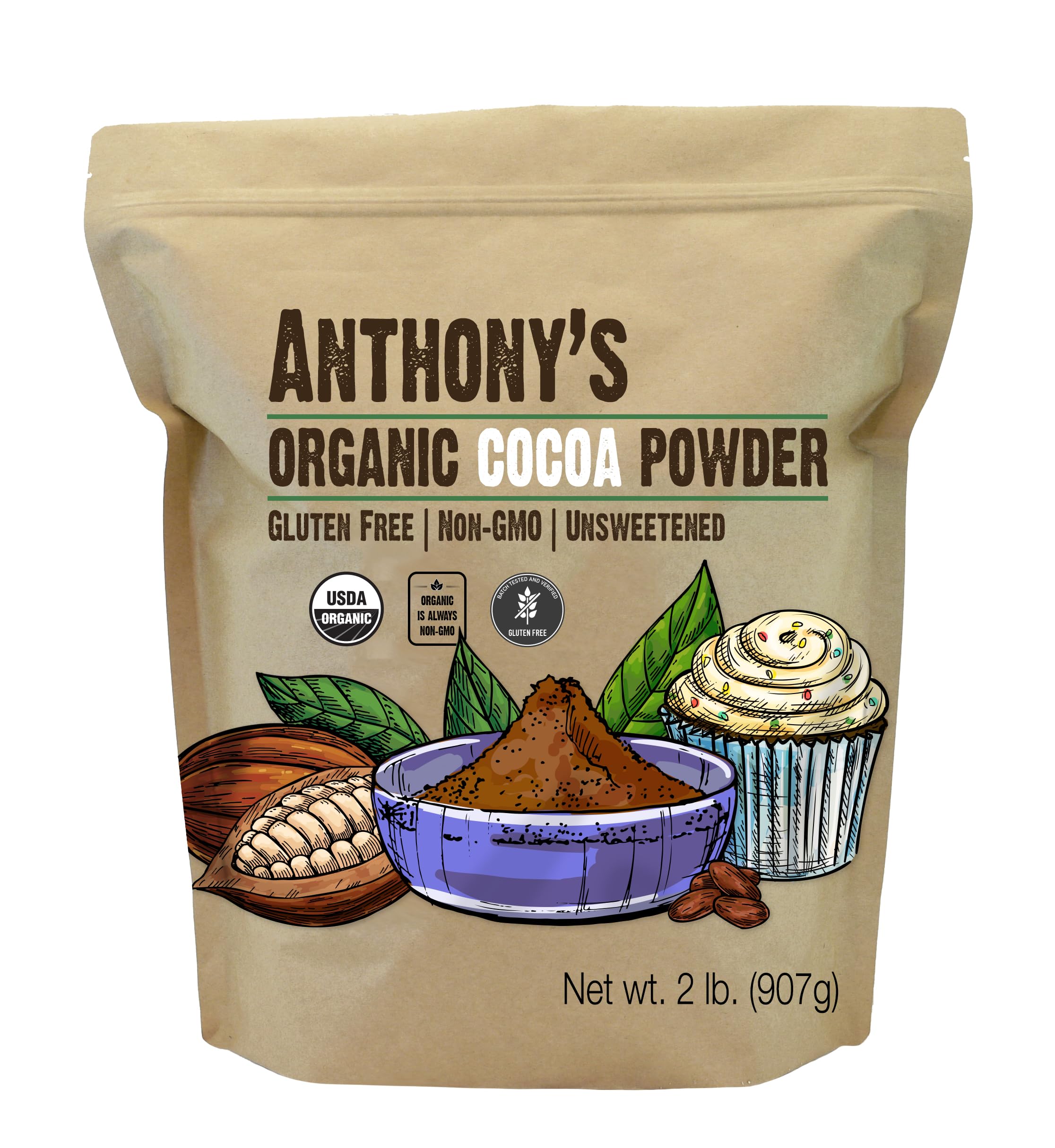 Anthony's Organic Cocoa Powder, 2 lb — Gluten Free, Non GMO, Unsweetened