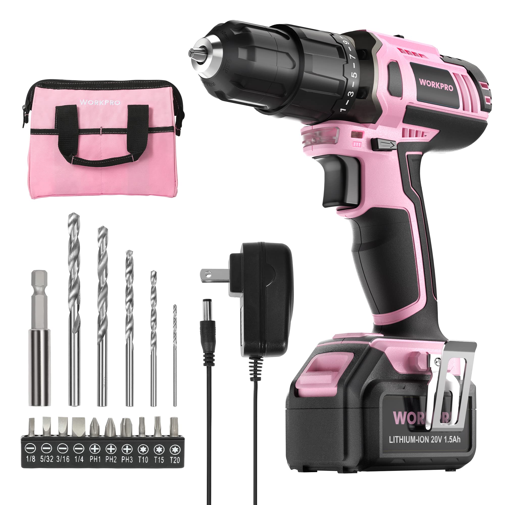 WORKPRO Pink Cordless 20V Drill Driver Set