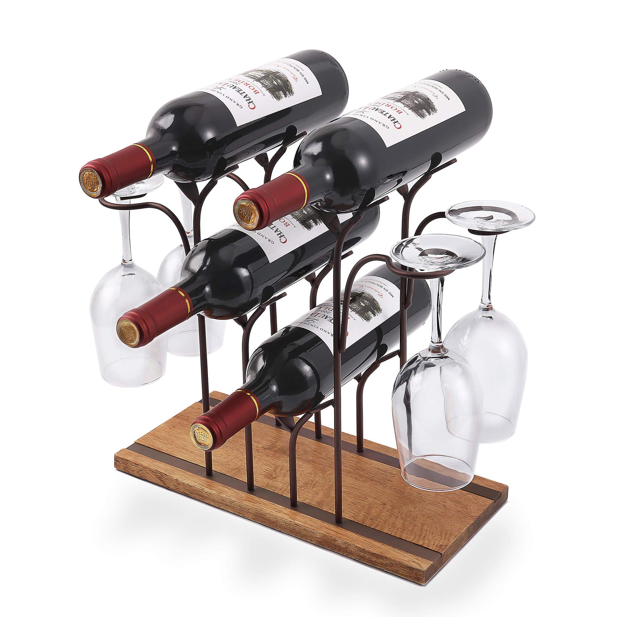 Tabletop Wood & Metal Wine Rack (4 Bottles + 4 Glasses)