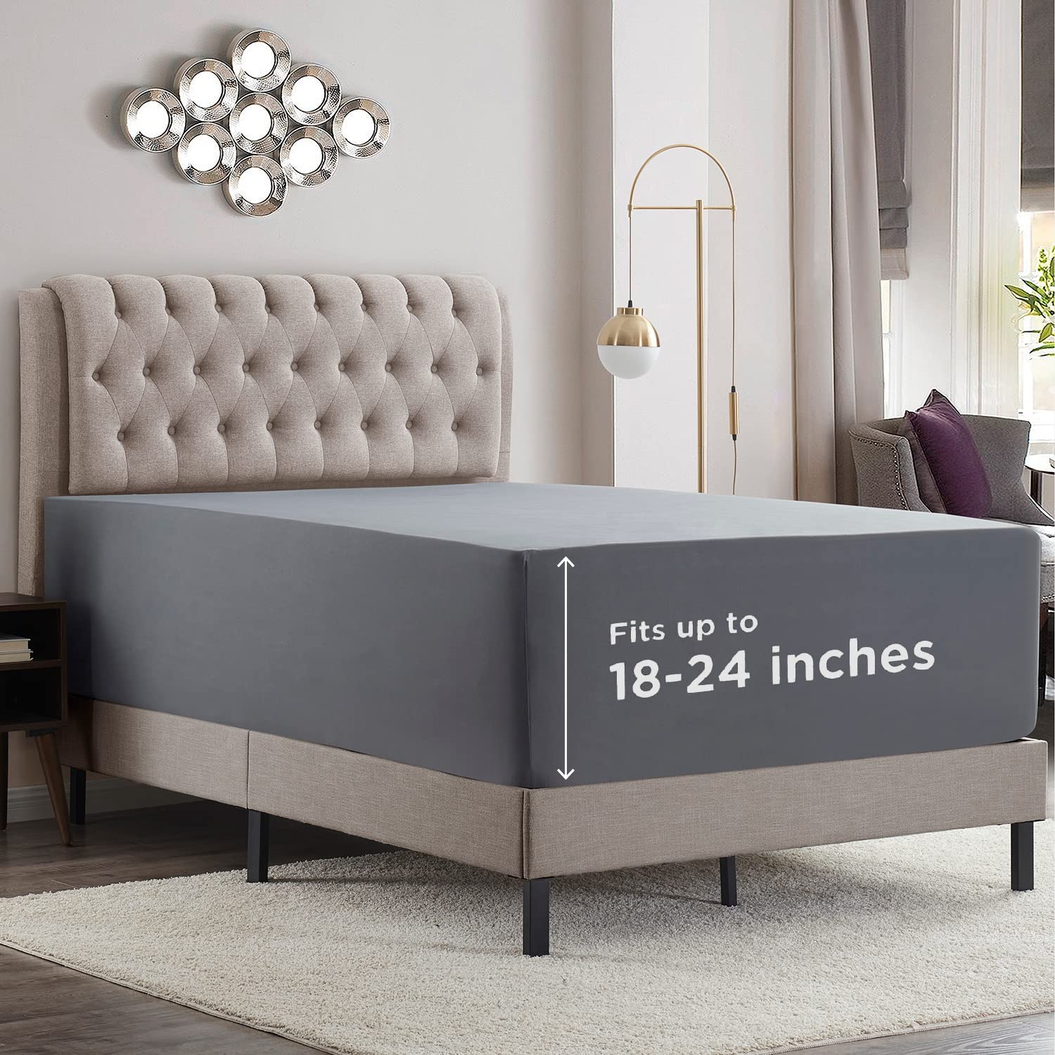 Empyrean Extra Deep Pocket Fitted Sheet Queen — Fits 18–24" Mattresses, Corner Straps (Charcoal Grey)