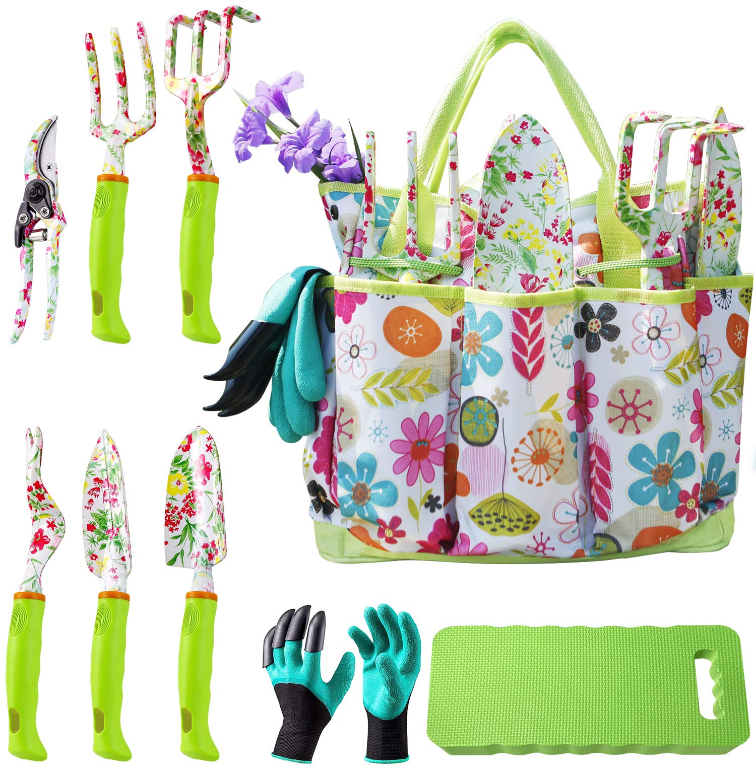 NAYE Garden Tool Set — 9-Piece Heavy Duty Kit with Gloves, Tote, Kneeling Pad, Pruner, Multicolor