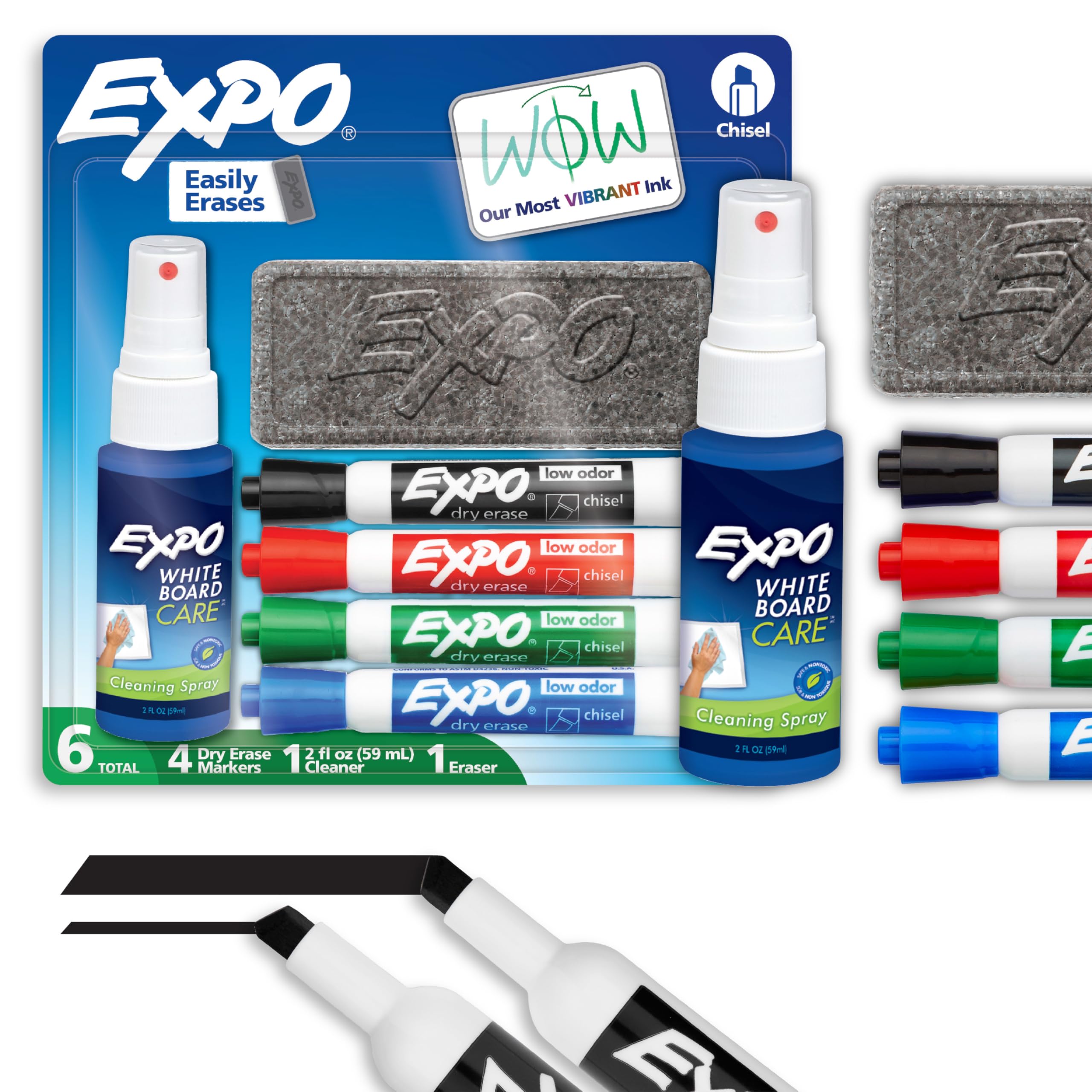 EXPO Dry Erase Markers Kit, Chisel Tip, Assorted Colors, Eraser, Spray Cleaner, 6 Count