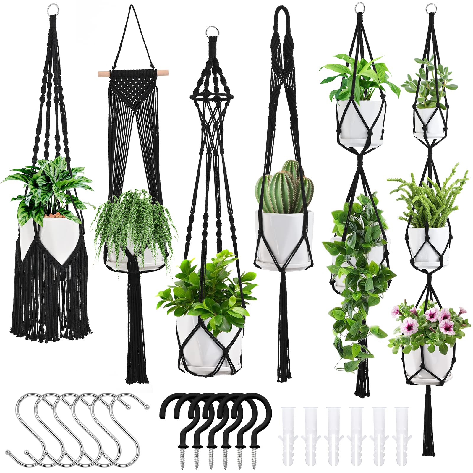 6-Pack Macrame Plant Hangers (Black)