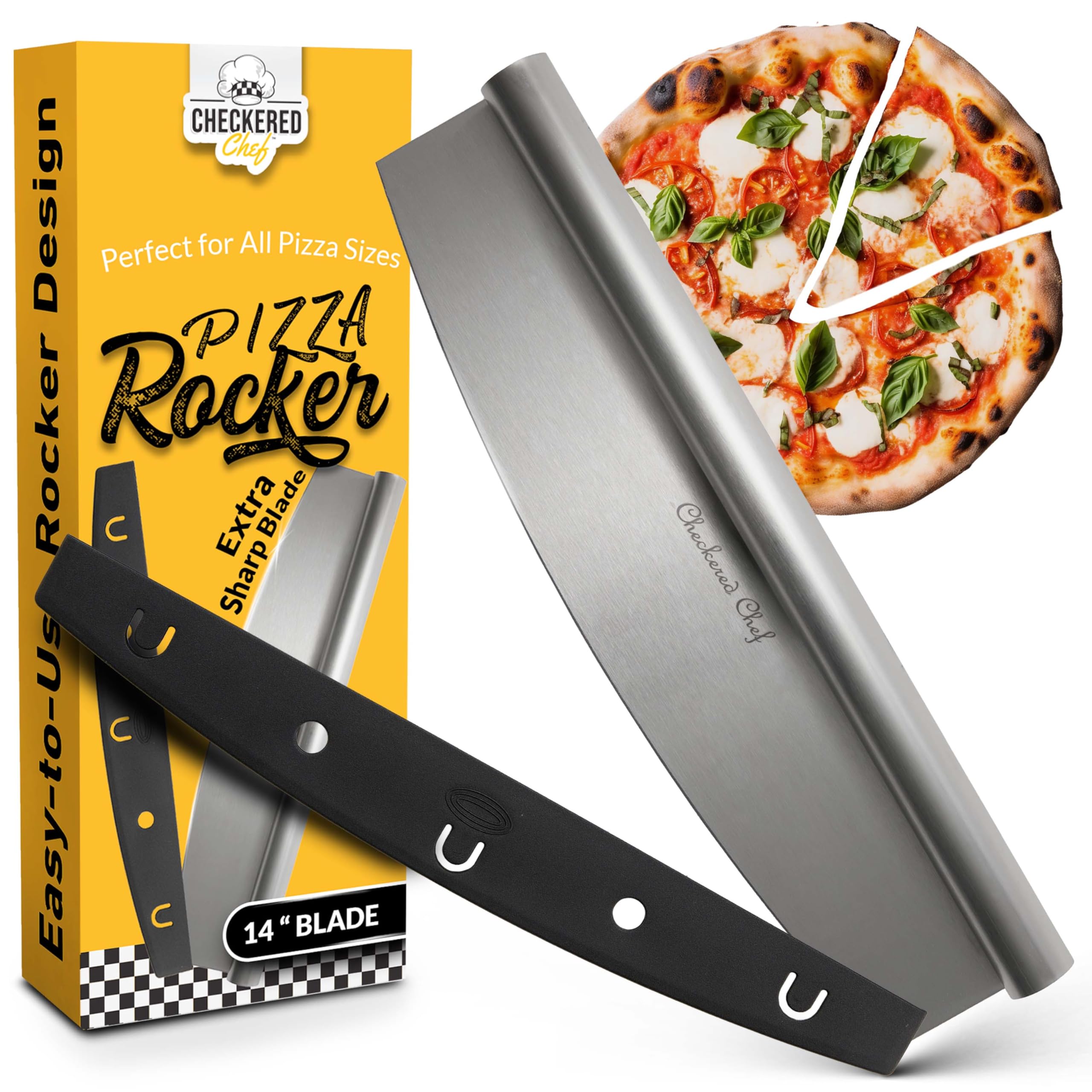 Checkered Chef Pizza Cutter Rocker Blade 14" - Sharp Stainless Steel Rocker Knife with Plastic Blade Sheath