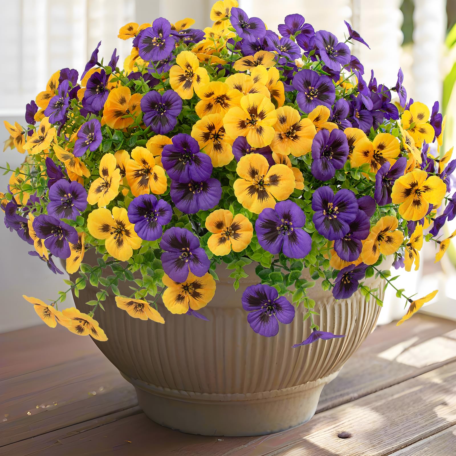 18 Pcs Artificial Pansy Flowers for Outdoor — UV Resistant Silk Pansies (Yellow, Purple)