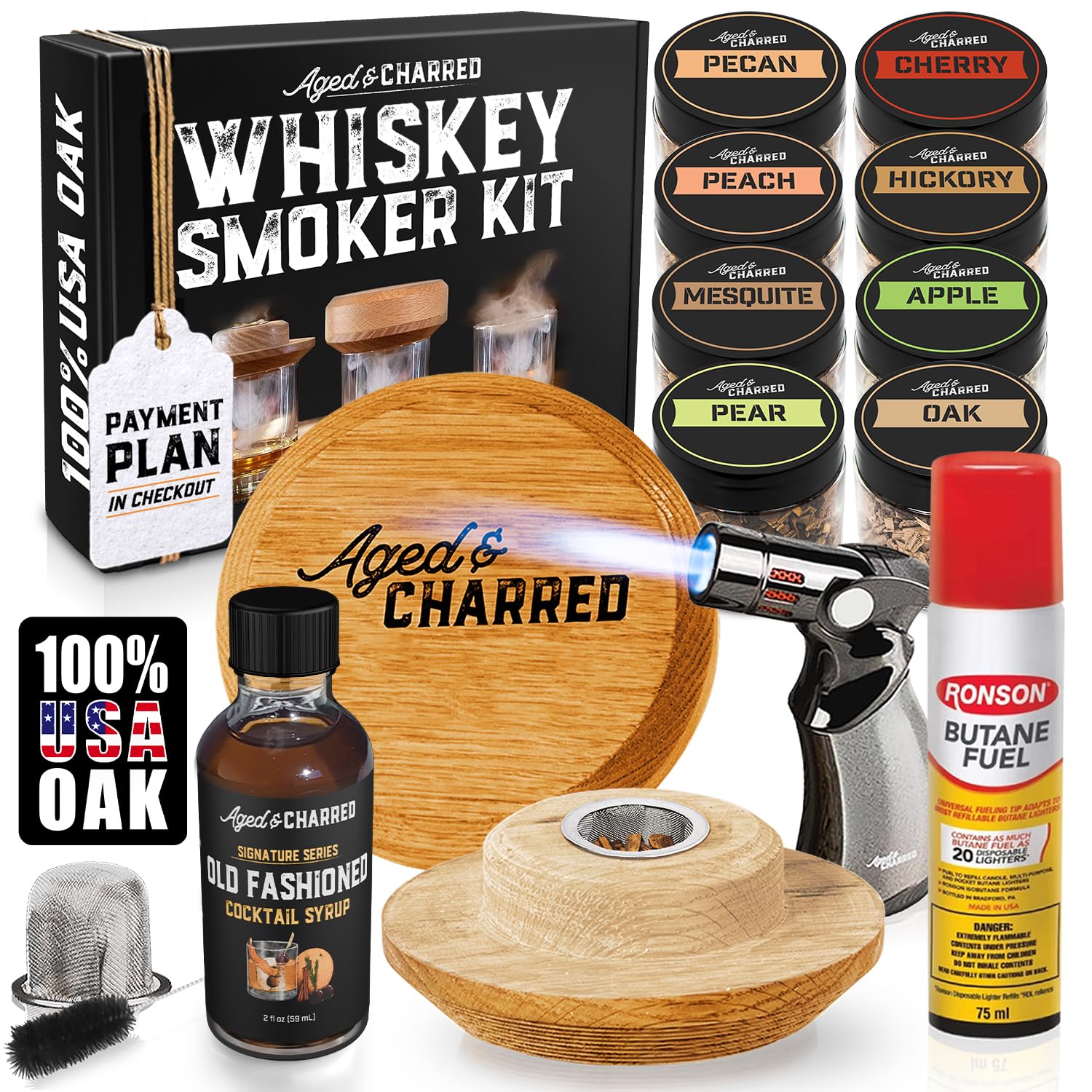 Whiskey Smoker Kit with Torch and Butane and Old Fashioned Syrup - 8 Flavors Wood Chips, 100% USA Oak
