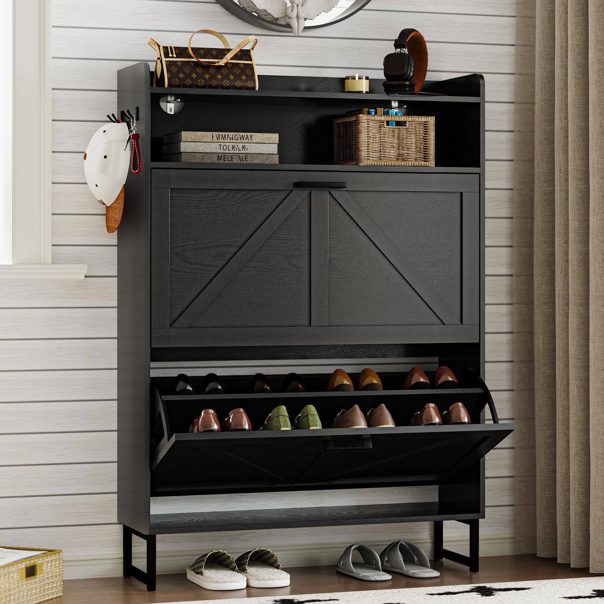 BORNOON 2-Drawer Narrow Shoe Cabinet (Black)