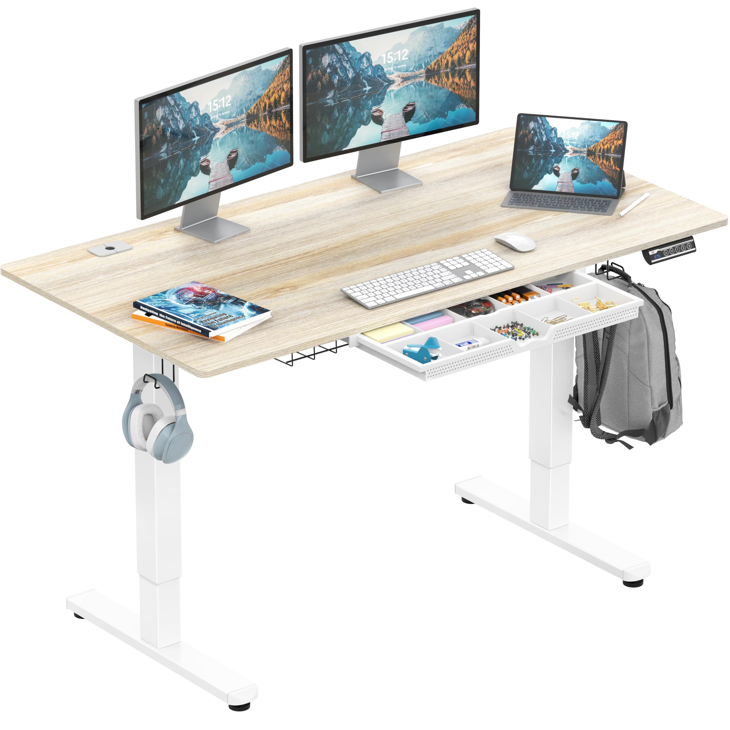 SHW 55 x 28 Inches Electric Height Adjustable Standing Desk with Drawer and Memory Preset, Maple Maple 55-Inch