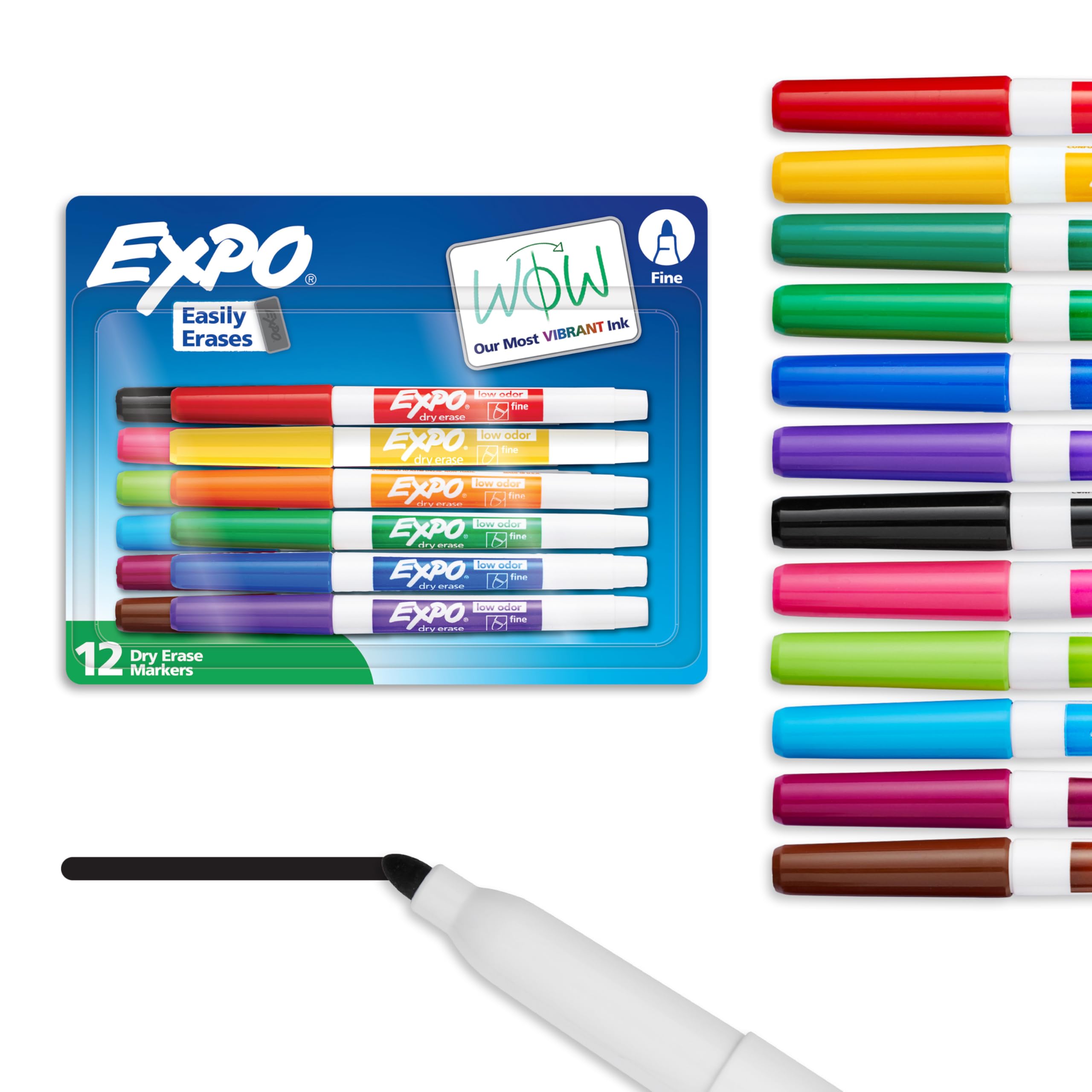 EXPO Dry Erase Markers, Low Odor Ink, Assorted Colors, Fine Tip, 12 Count