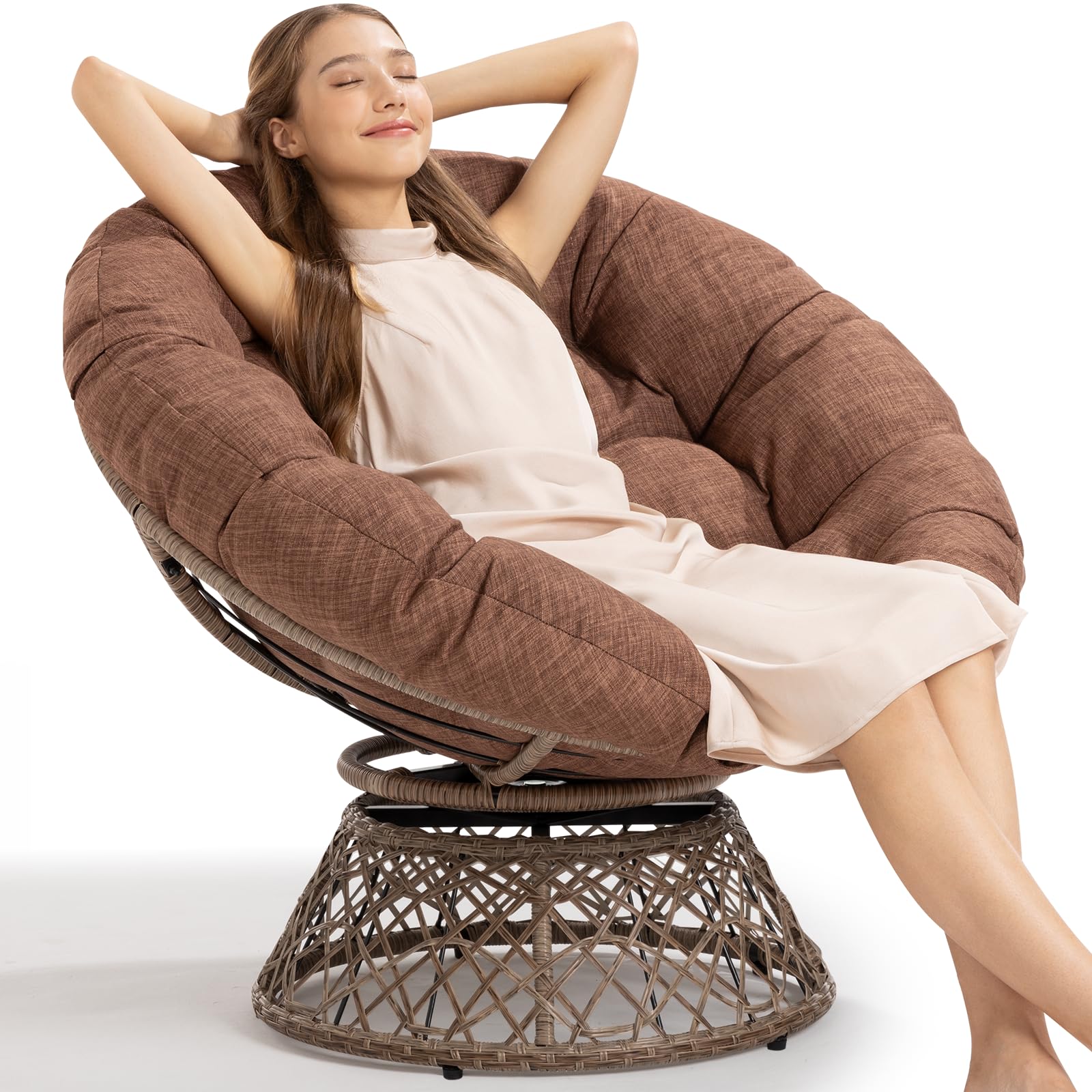 Bme 40" Ergonomic Wicker Papasan Chair with Thick Cushion & 360° Swivel (Cinnamon Mocha)