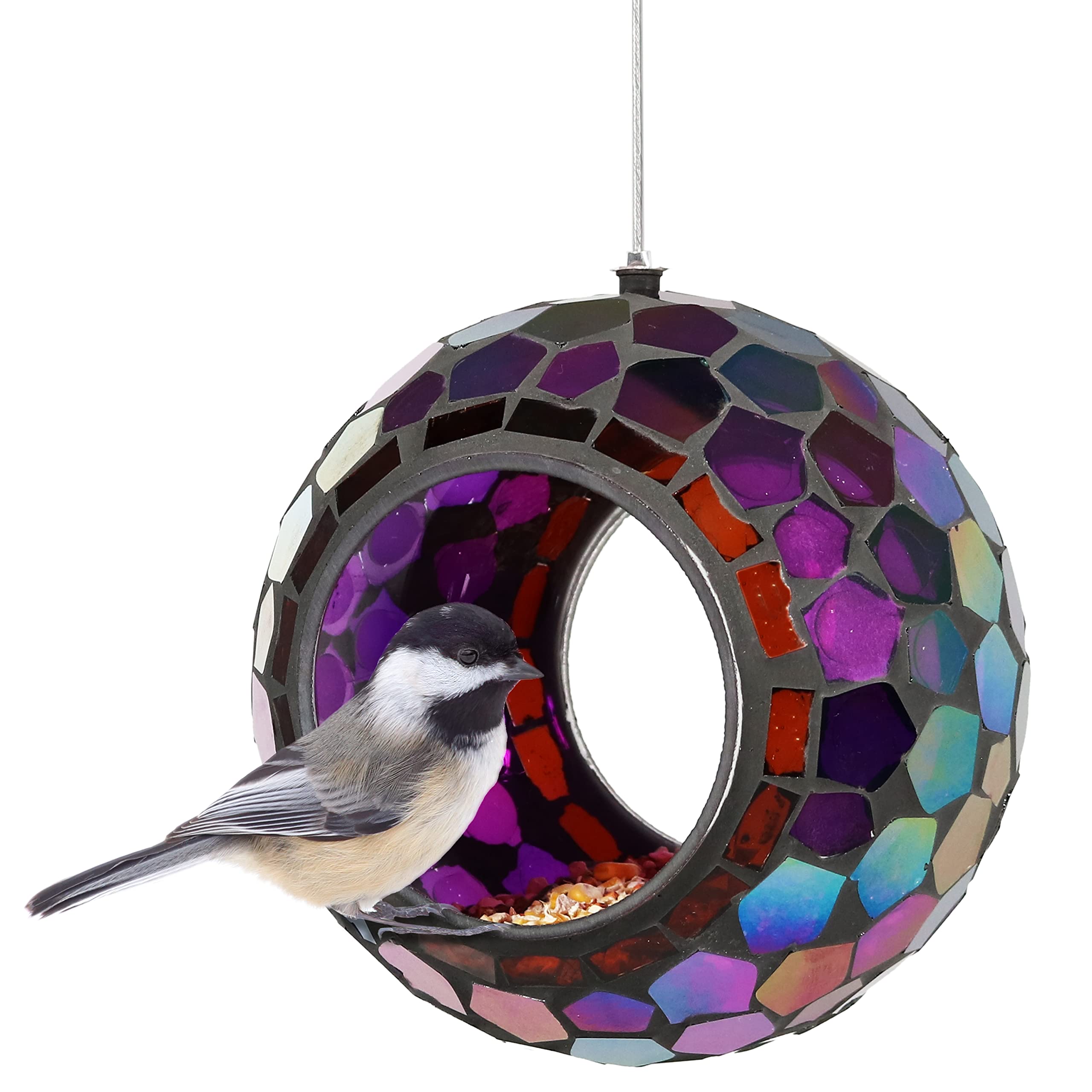 Sunnydaze 6-Inch Glass Mosaic Fly-Through Bird Feeder — Iridescent Purple