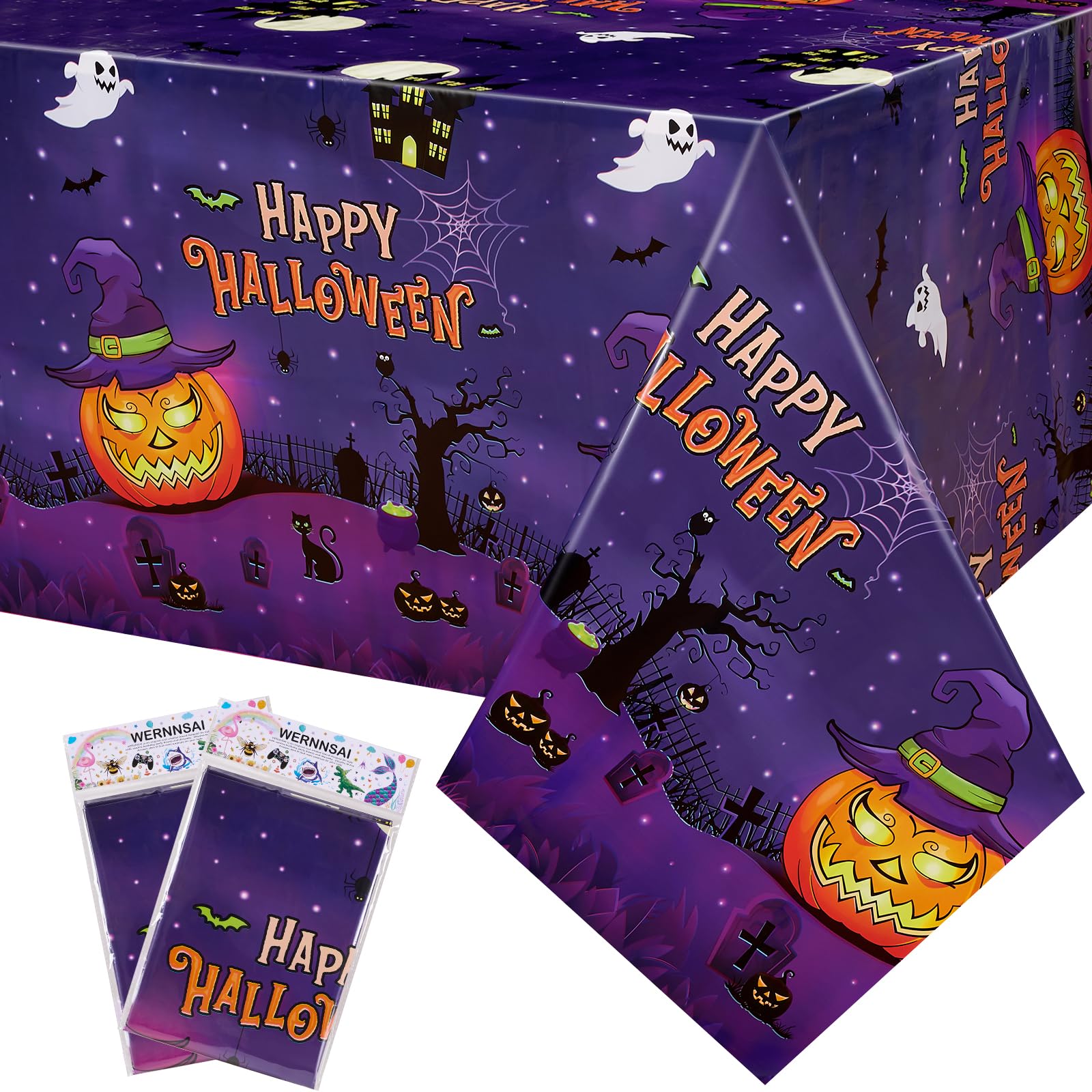WERNNSAI Halloween Tablecloth — Spider Web, Pumpkins & Bats Design