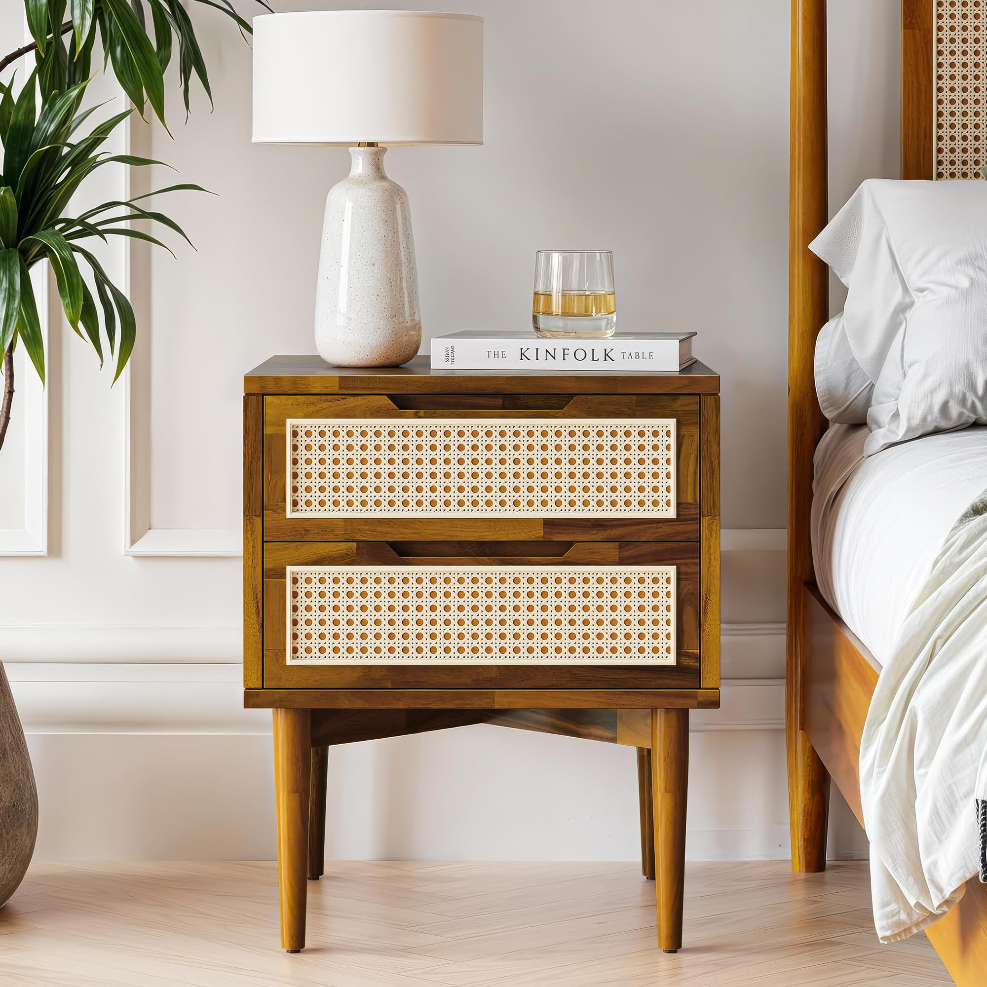 Bme Oliver Solid Wood Rattan Nightstand