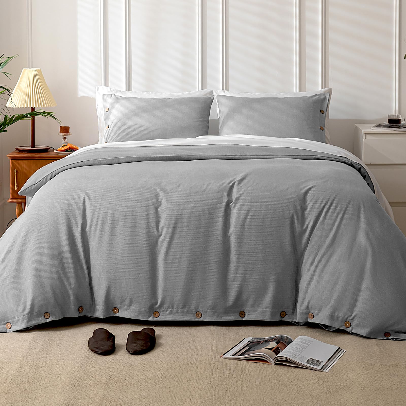 MUKKA Duvet Cover Set King Size Coconut Button Closure，Heather Check Linen-Like Style 145g-Weight Durable Brushed Microfiber， Elegant Soft Modern King Duvet Cover (Light Grey，King Light Grey King (1 Duvet Cover+2 Pillow Cases)