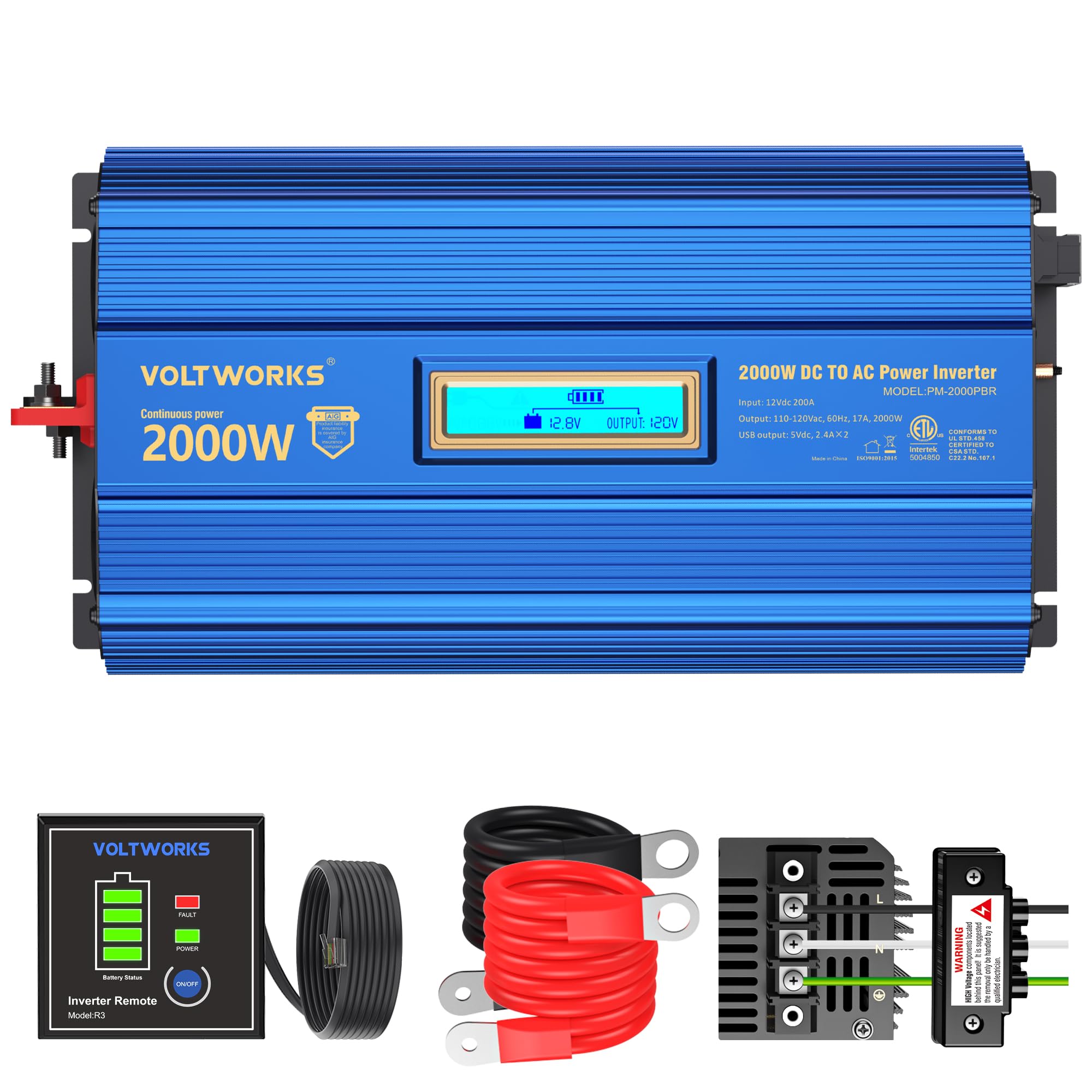 Power Inverter 2000w DC 12V to AC 120V ETL UL458 Compatible with Lithium Battery for Off-Grid Solar Car RV Truck Boat with LCD Display Remote Control 2 AC Outlets Dual 2.4A USB Ports by VOLTWORKS ETL 2000W Modified Sine Wave