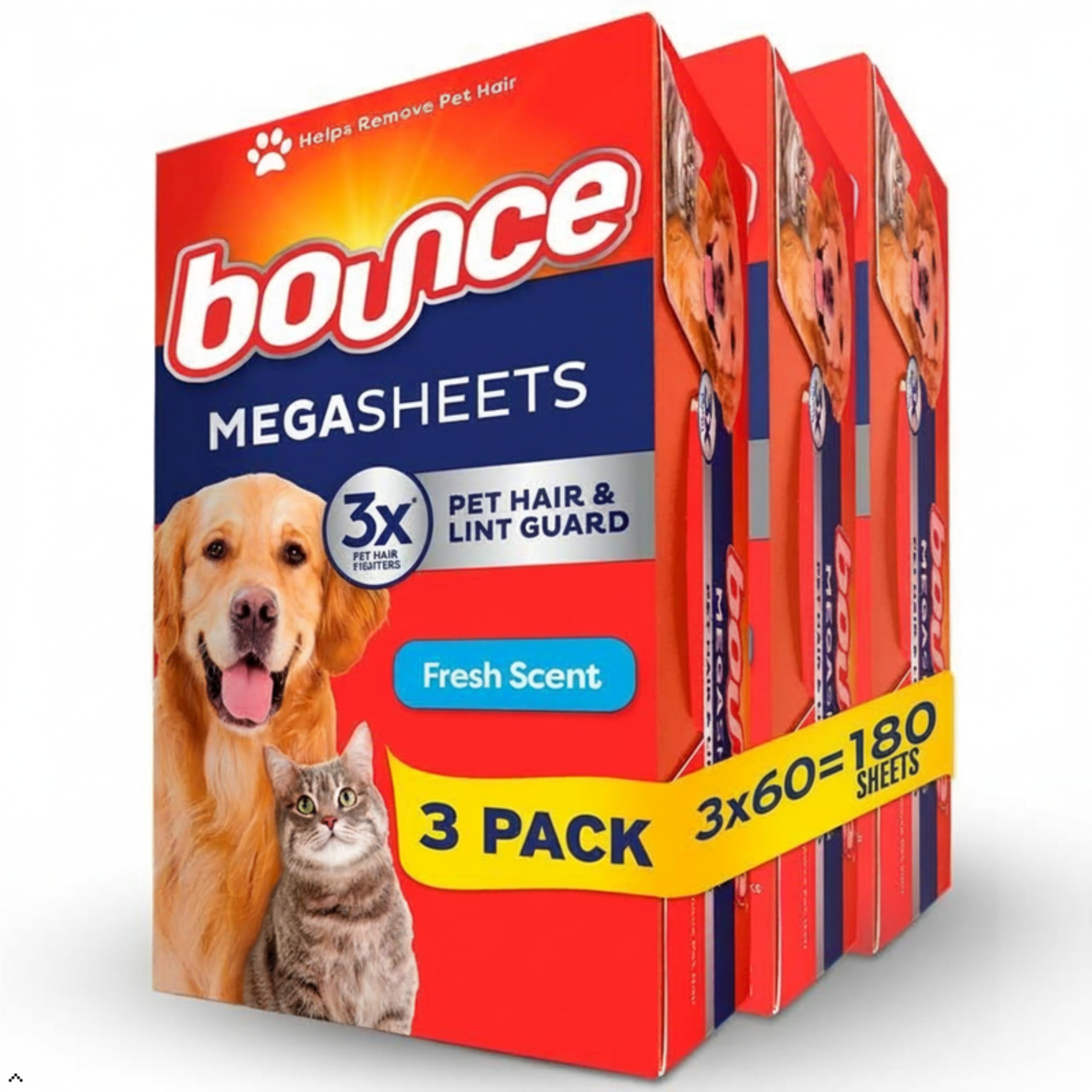 Bounce Pet Hair and Lint Guard Mega Dryer Sheets with 3X Pet Hair Fighters, Perfume-Free, 180 Count