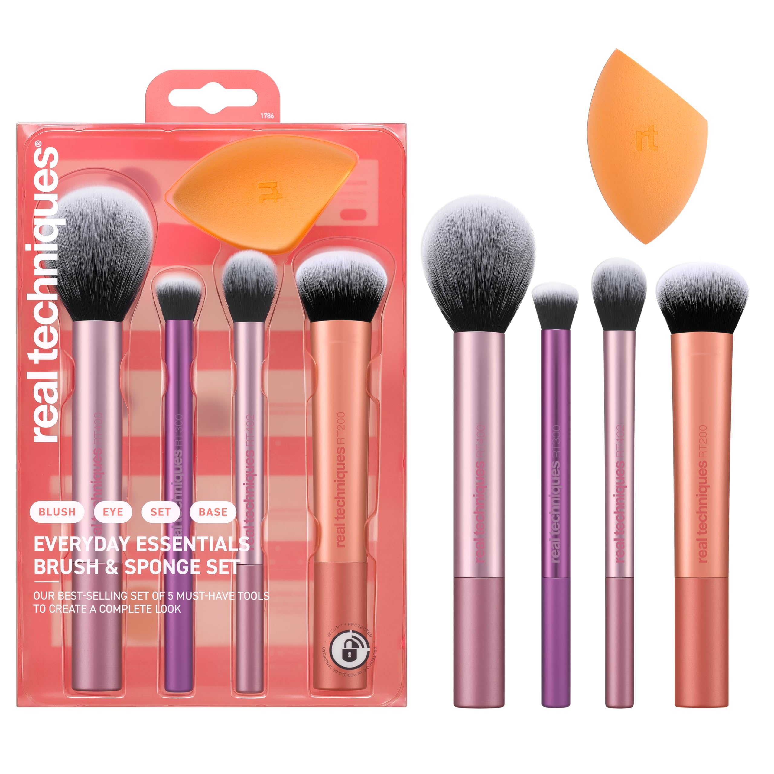 Real Techniques 5 Piece Everyday Essentials Makeup Brush Set, Includes 4 Brushes & Makeup Sponge, For Foundation, Blush, Bronzer, Contour, Eyeshadow, & Powder, Travel Gift Set, Cruelty-Free & Vegan Everyday Essentials Set, 5 PC 5 Piece Set