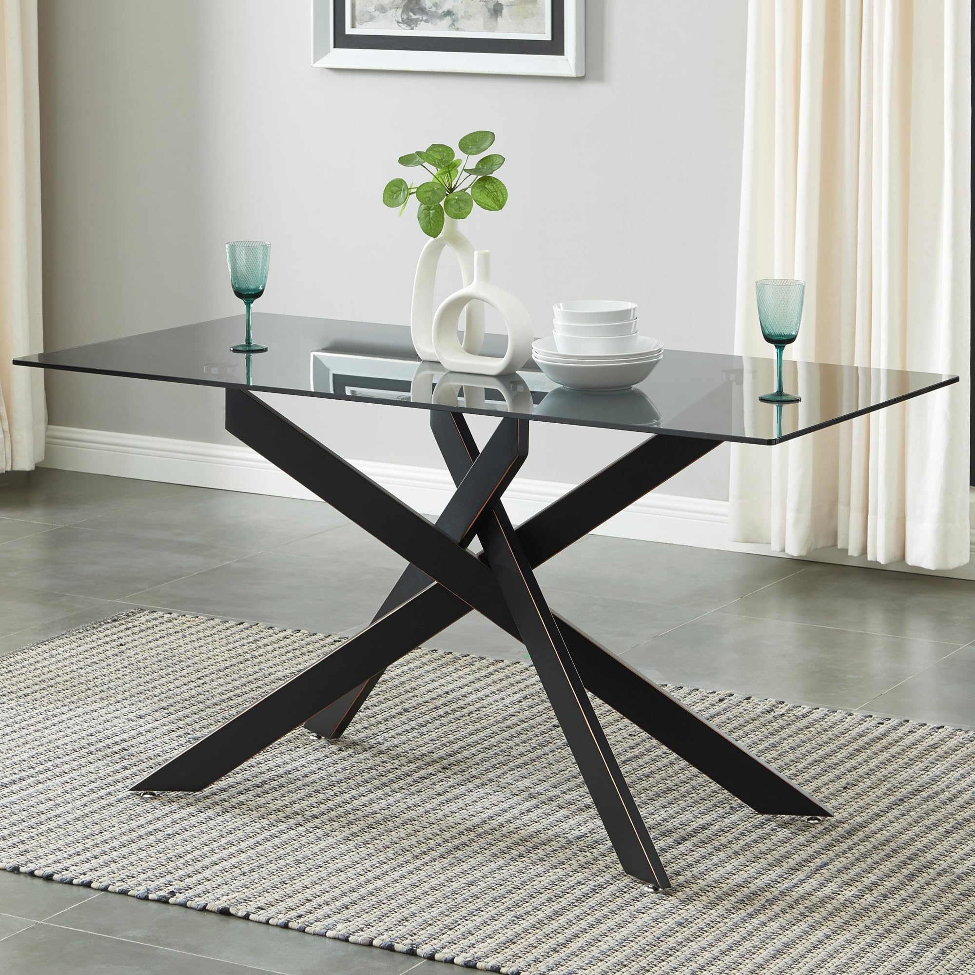 Gray Tempered Glass Table with Black Tubular Legs 58.5"