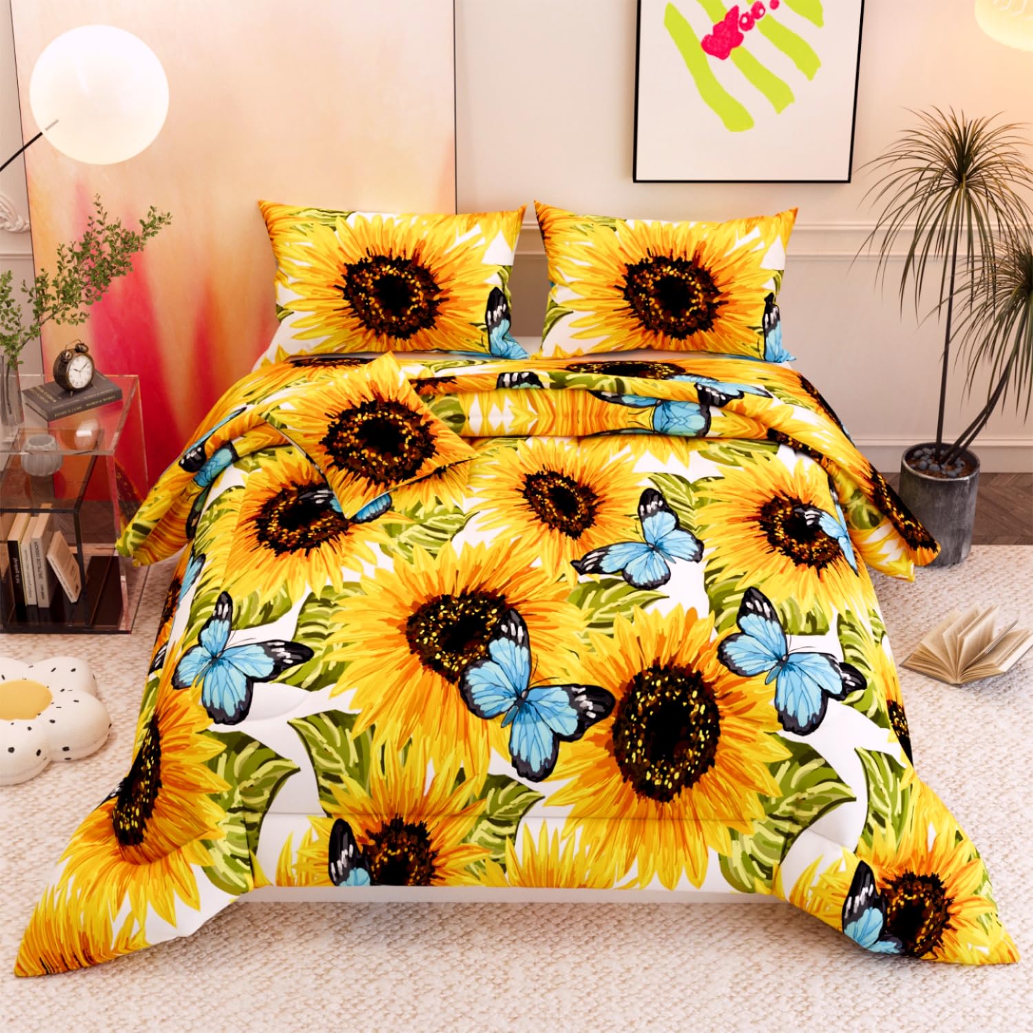 6 Pieces Sunflower Comforter Sets,3D Pattern with Sunflower Blue Butterflies,Decorative 6 Piece Bedding Sets with Comforter,Flat Sheet,Fitted Sheet,Throw Pillow Cover,Pillow Shams,Queen Size Sunflower-01 Queen (6-Piece)