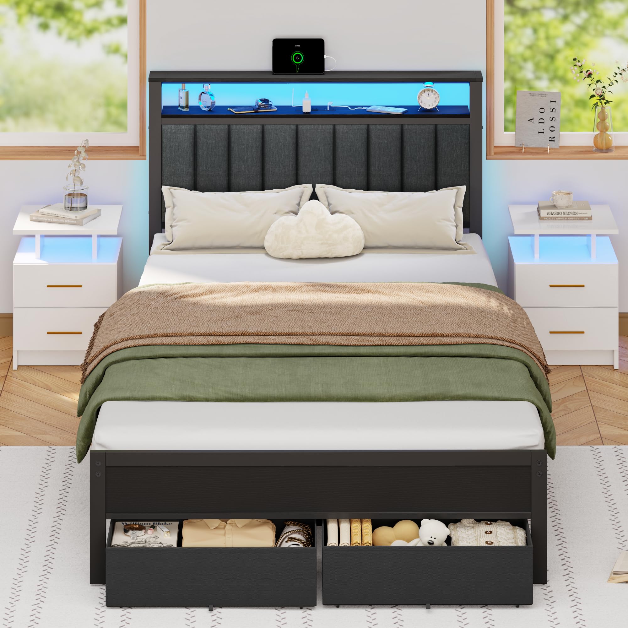 Furnulem Full Platform Bed with Headboard & LED