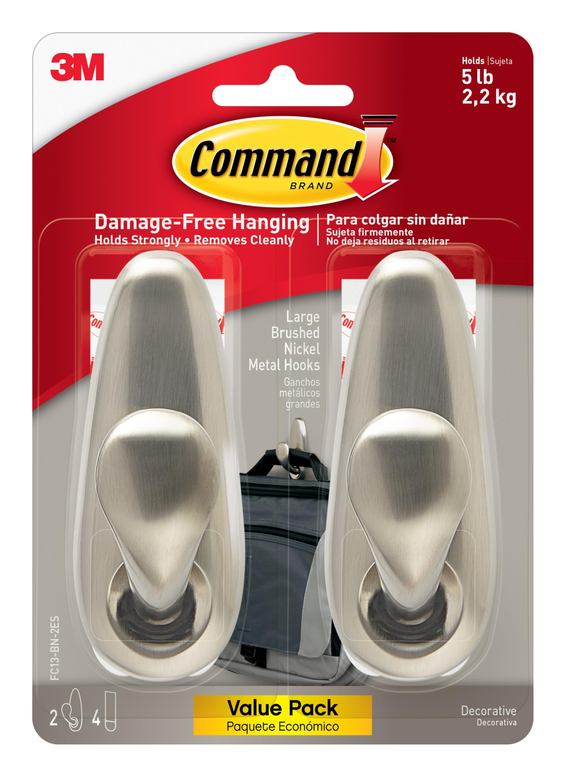 Command Brushed Nickel Large Metal Hooks