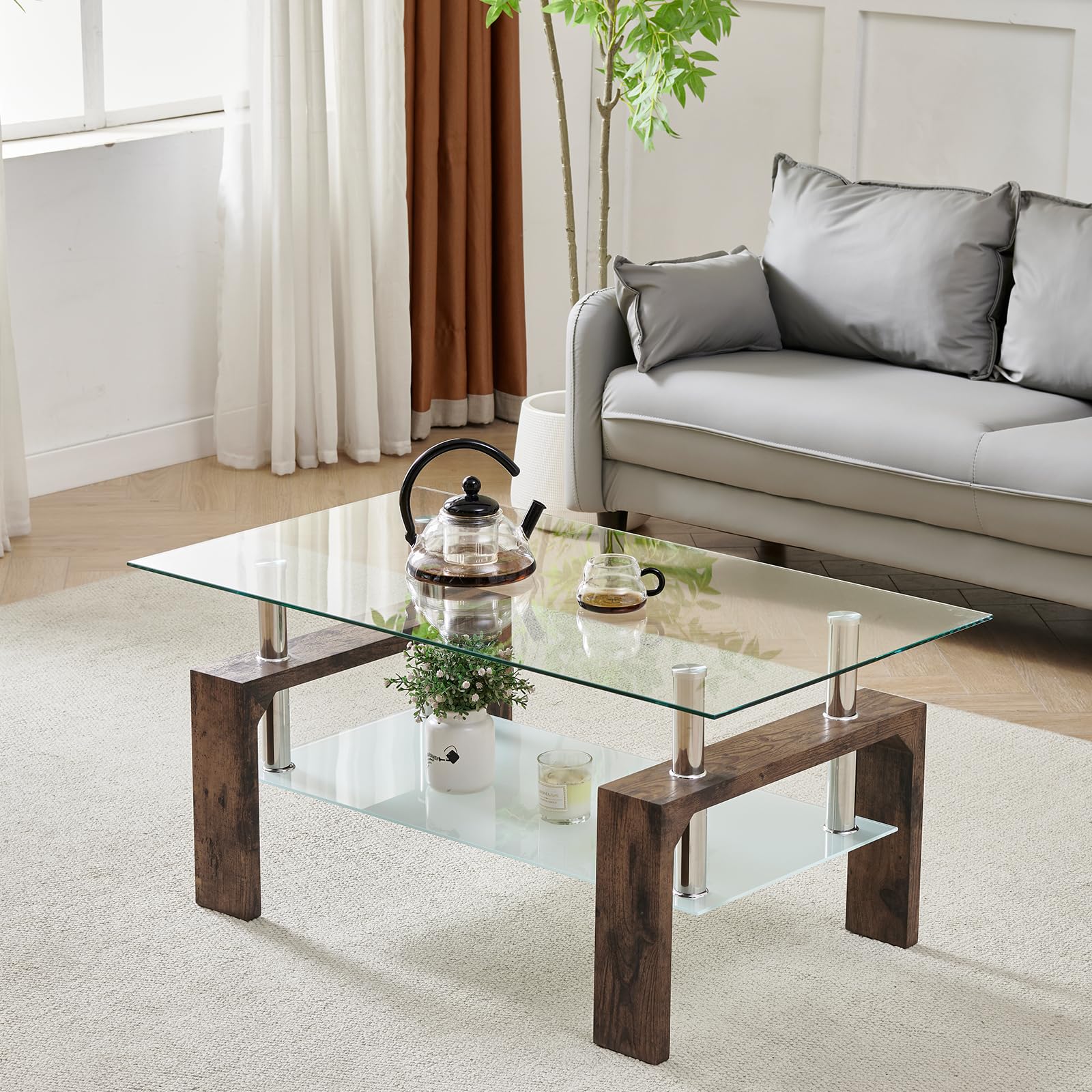 Glass-Top Coffee Table with Wooden Legs