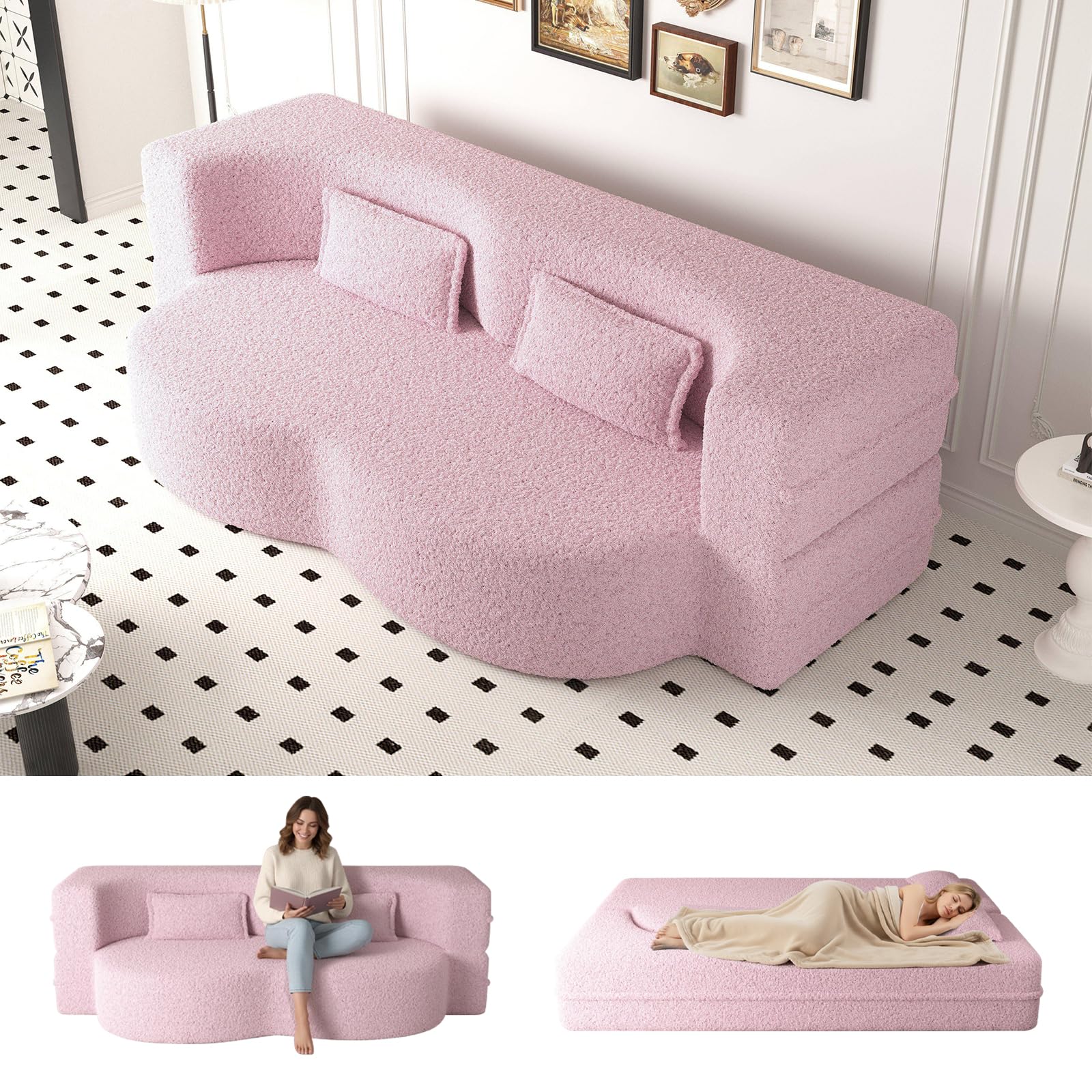 Folding Foam Sofa Bed,15" Full Size Floor Couch,Convertible Teddy Fabric Foam-Filled Sleeper Futon Loveseat Couch for Living Room, Guest Use, Office, Apartmen (Pink) Pink - Teddy