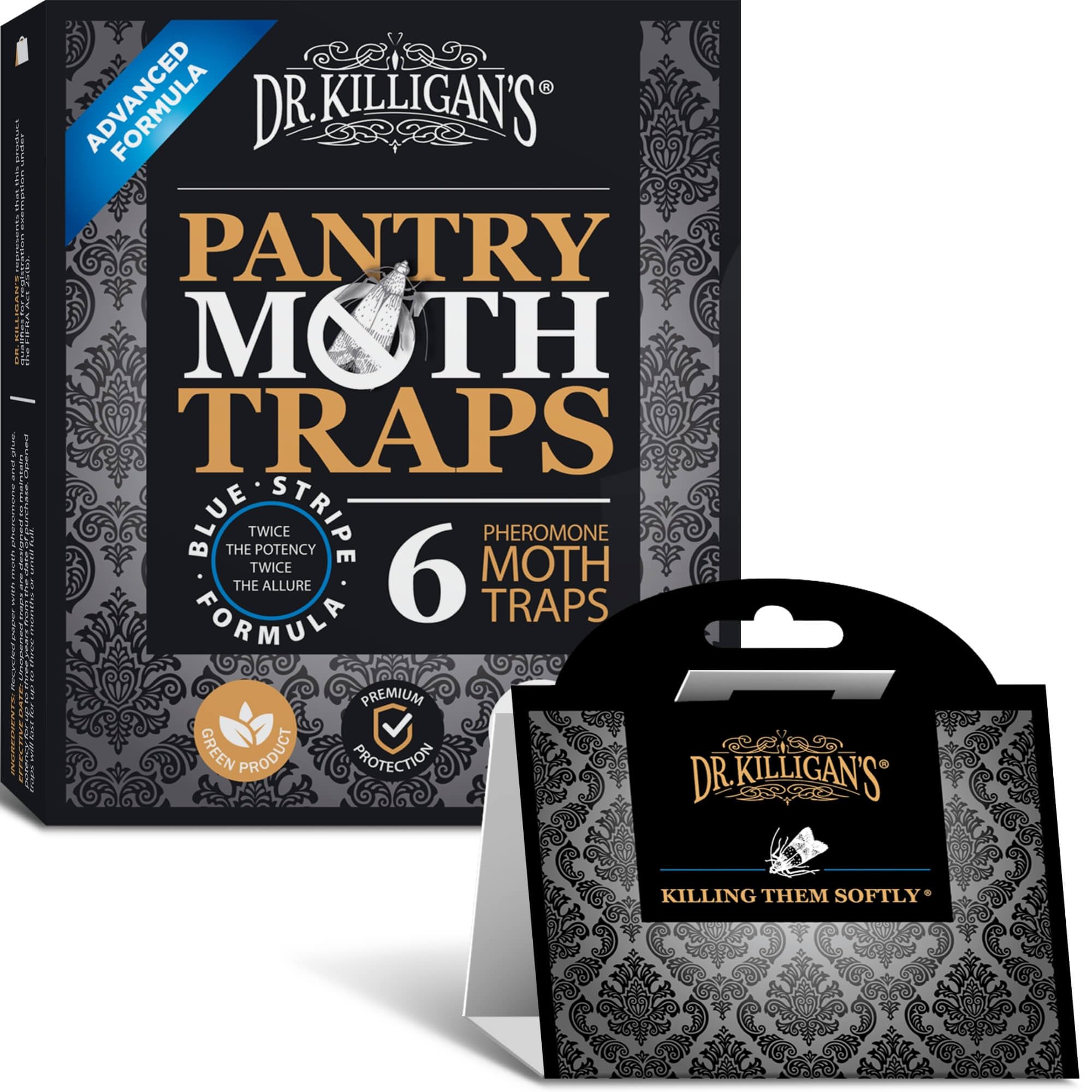 Dr. Killigan's Premium Double Potent Pantry Moth Traps with Pheromones Prime, Sticky Indian Meal Moth Traps for Kitchen, How to Get Rid of Moths in House (6 Pack, Black) Black 6