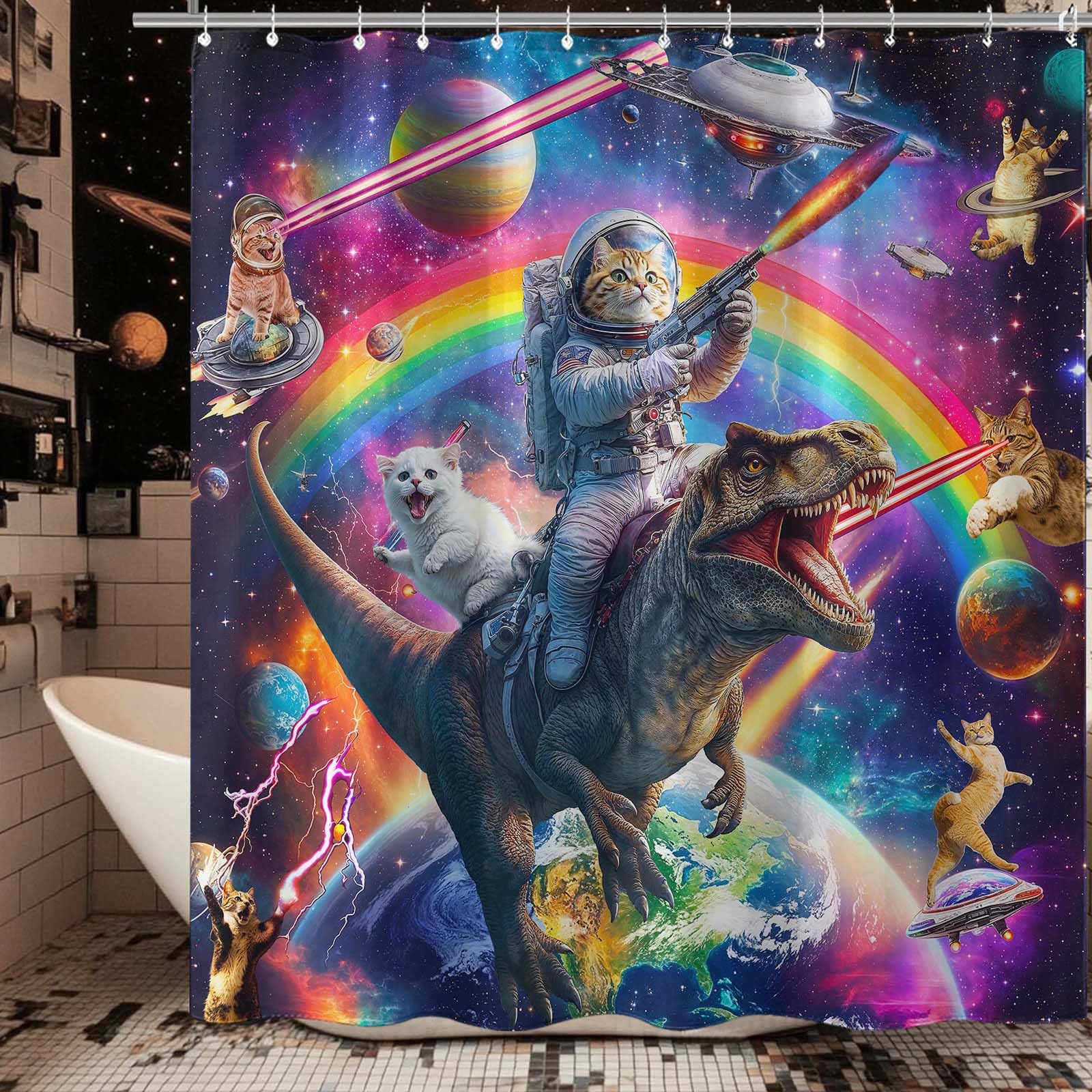 Fowocu Space Cat & Dinosaur Shower Curtain