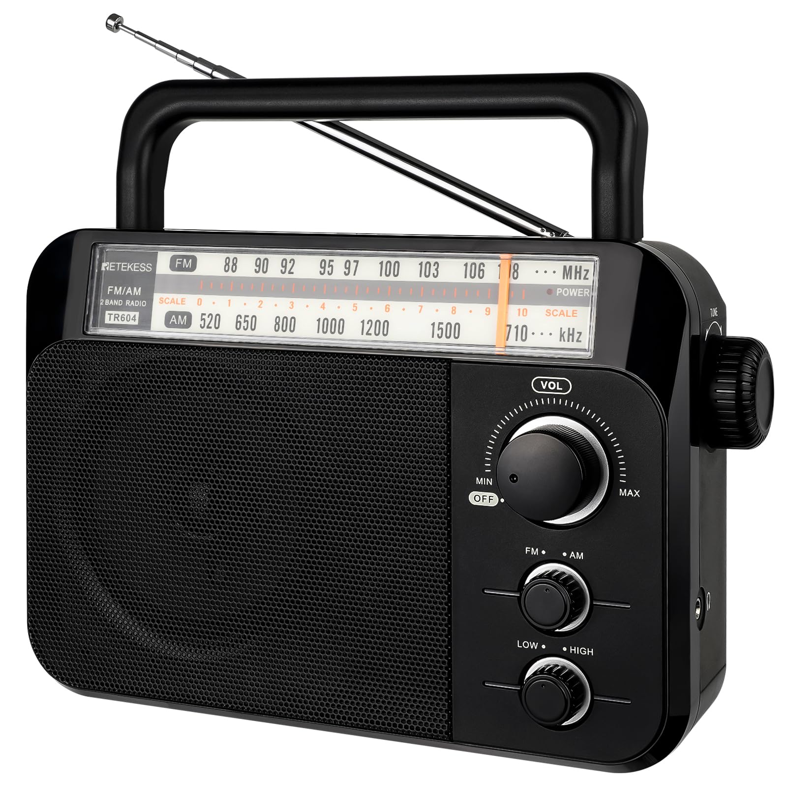 Retekess TR604 AM FM Radio,Portable Radio Plug in Wall,D Battery Operated,Large Dial,High/Low Tone Mode,Big Speaker,Earphone Jack,for Home,Picnic,Senior Black classic