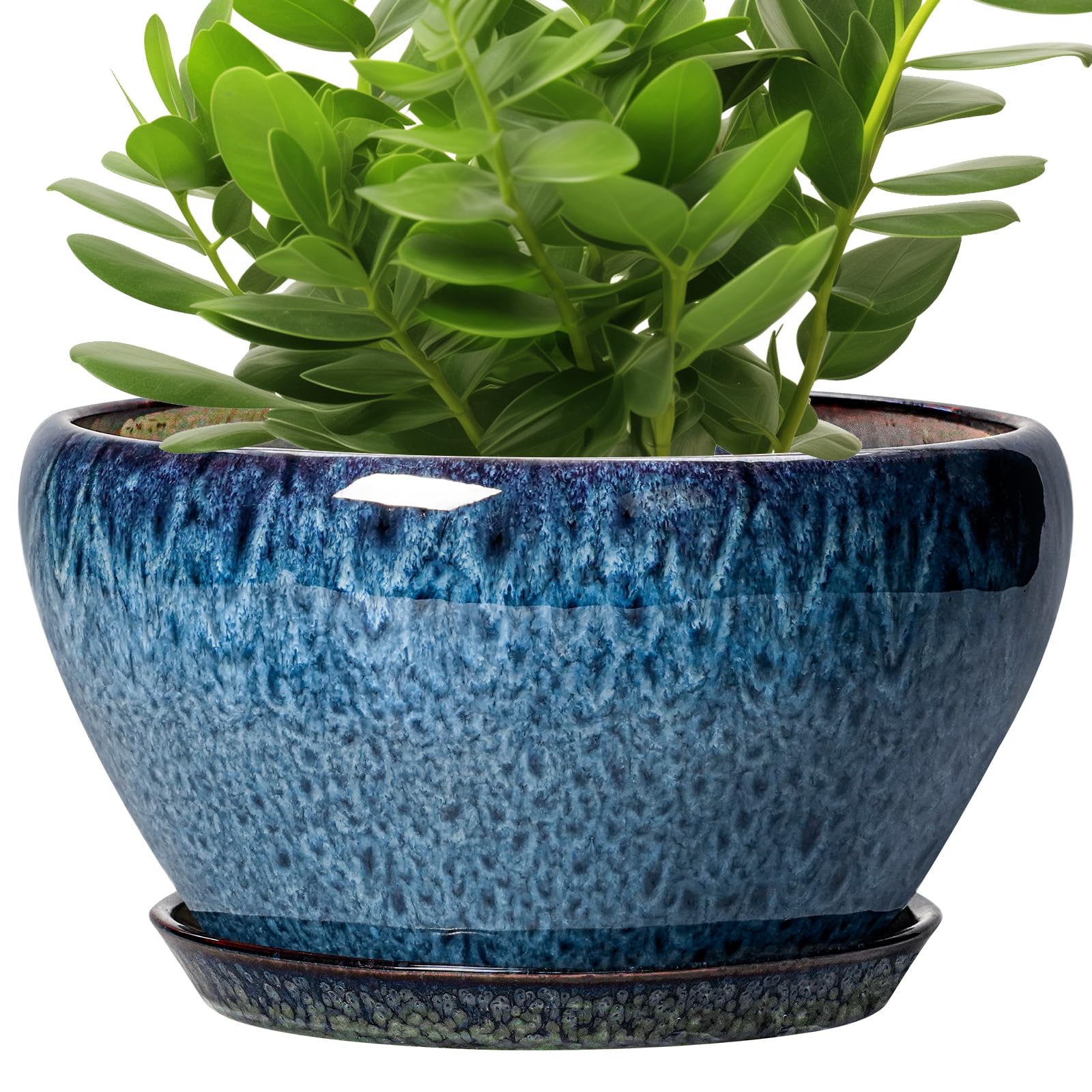 11in Blue Ceramic Planter with Saucer
