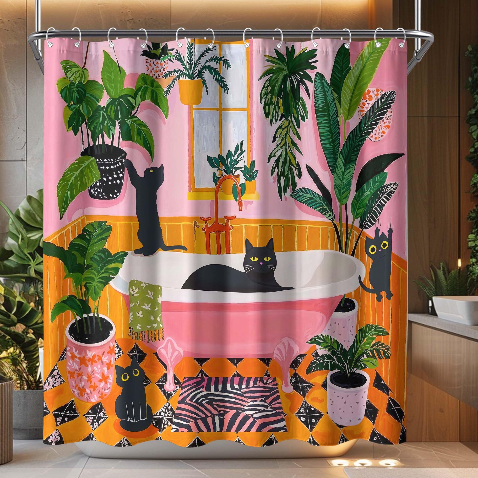 Fowocu Funny Cat Shower Curtain Boho Cute Fun Black Cats Matisse Shower Curtains