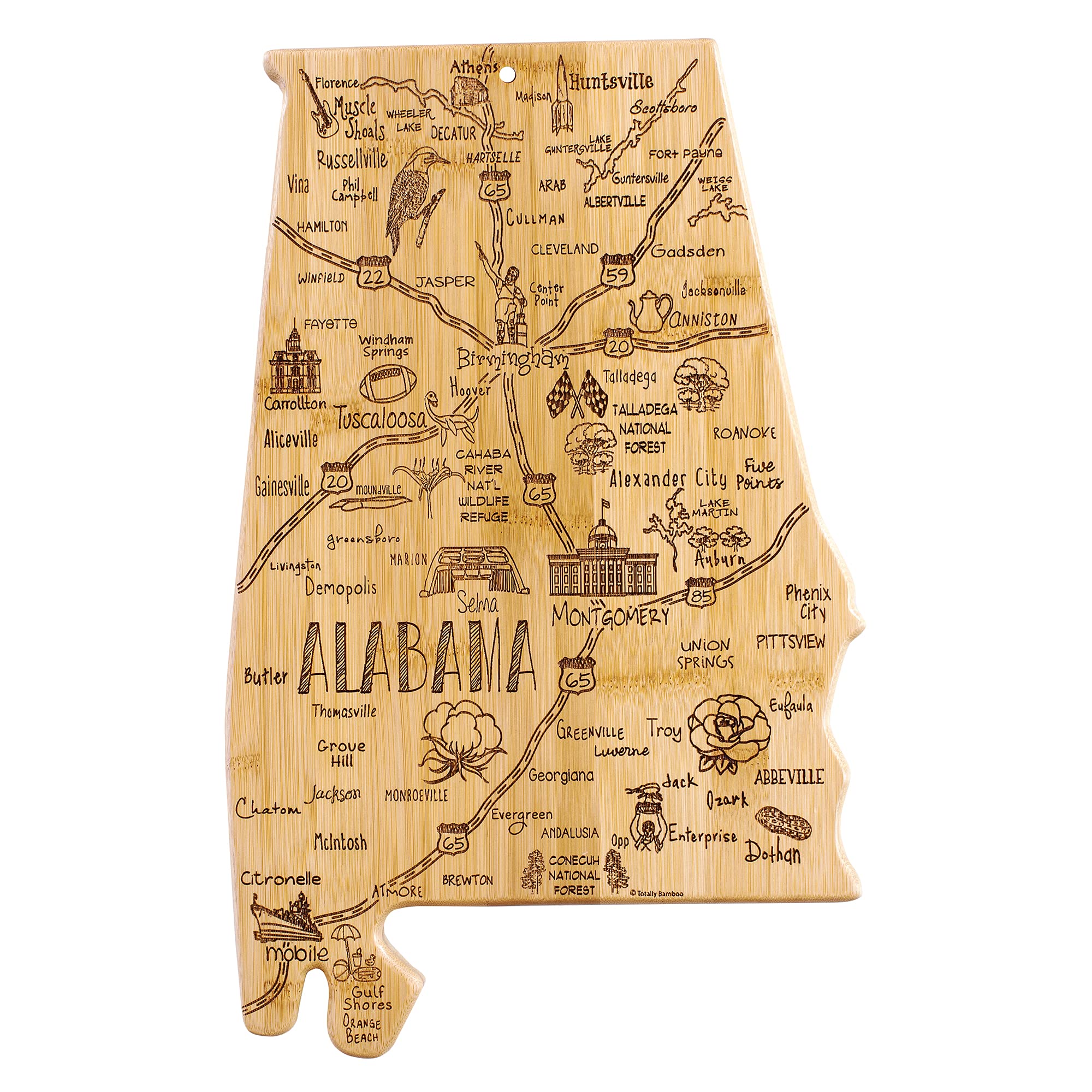 Totally Bamboo Destination Alabama Shaped Cutting Board – Bamboo Charcuterie and Serving Board with Hang Tie for Wall Display