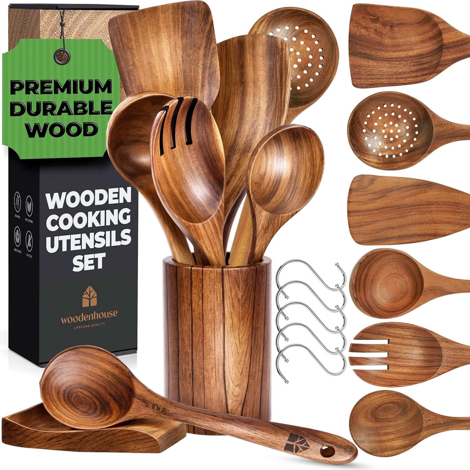 8-Piece Teak Utensil Set with Holder