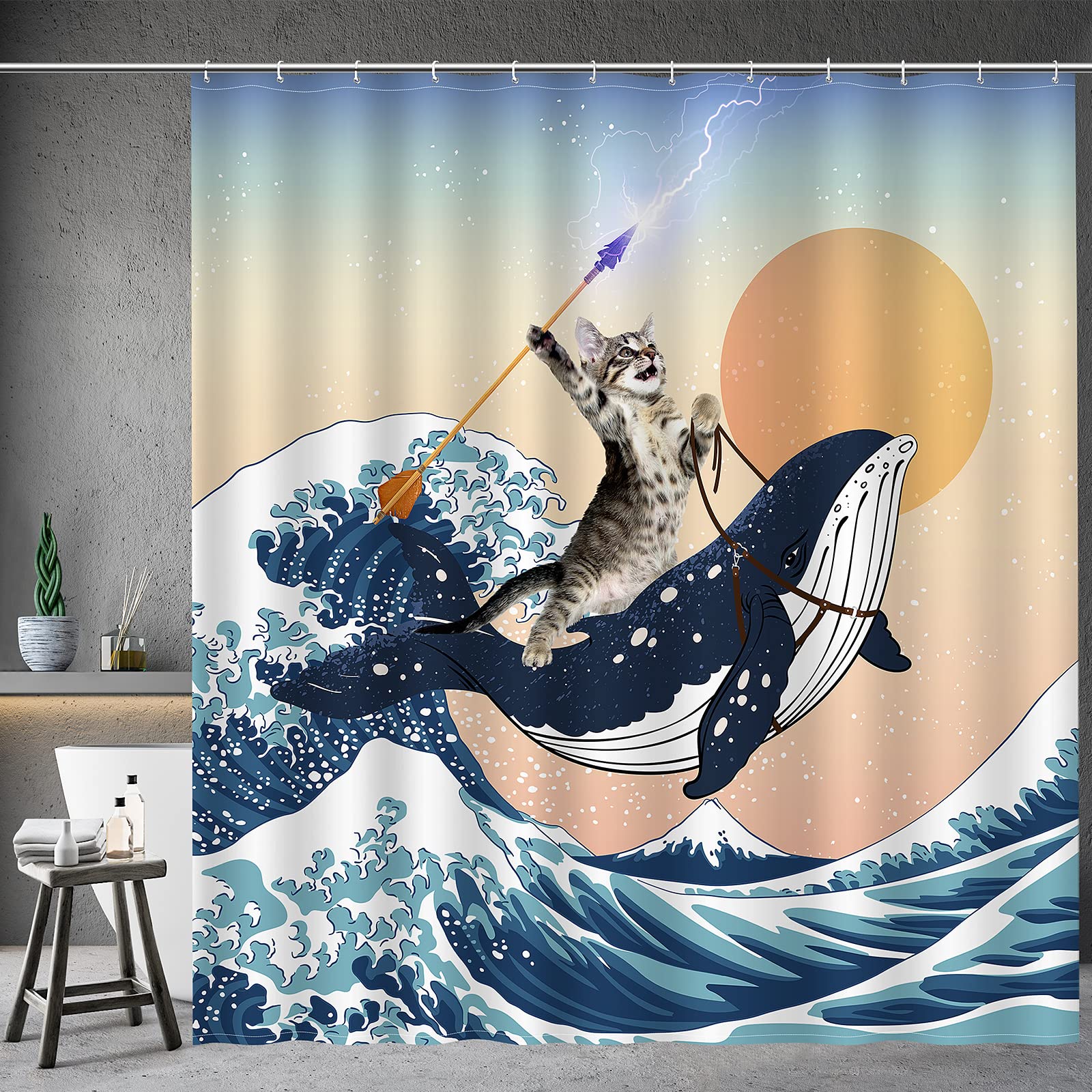 Aimego Cat Riding Whale Shower Curtain