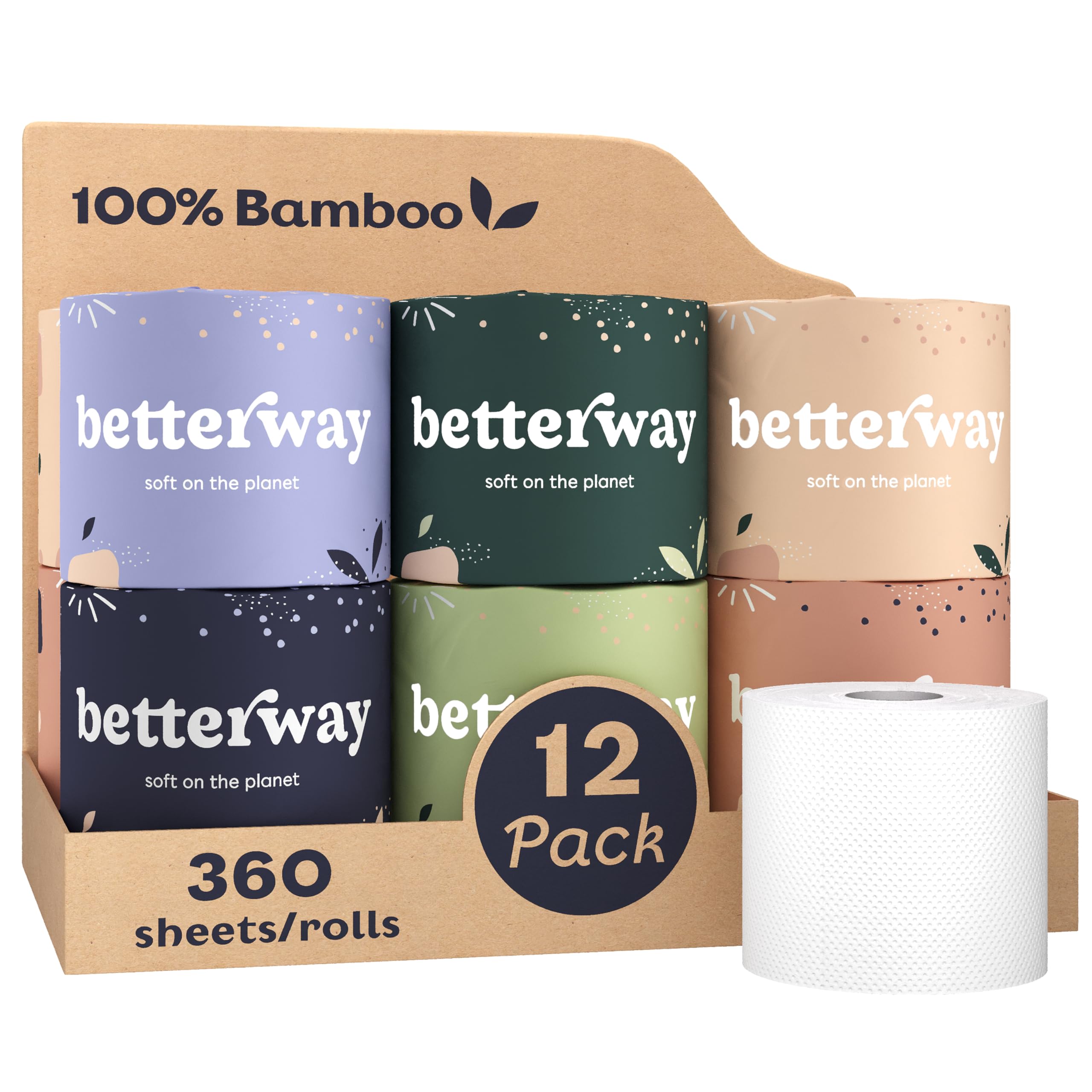Betterway Bamboo Toilet Paper 3-Ply, 12 Rolls, 360 Sheets Per Roll (White)