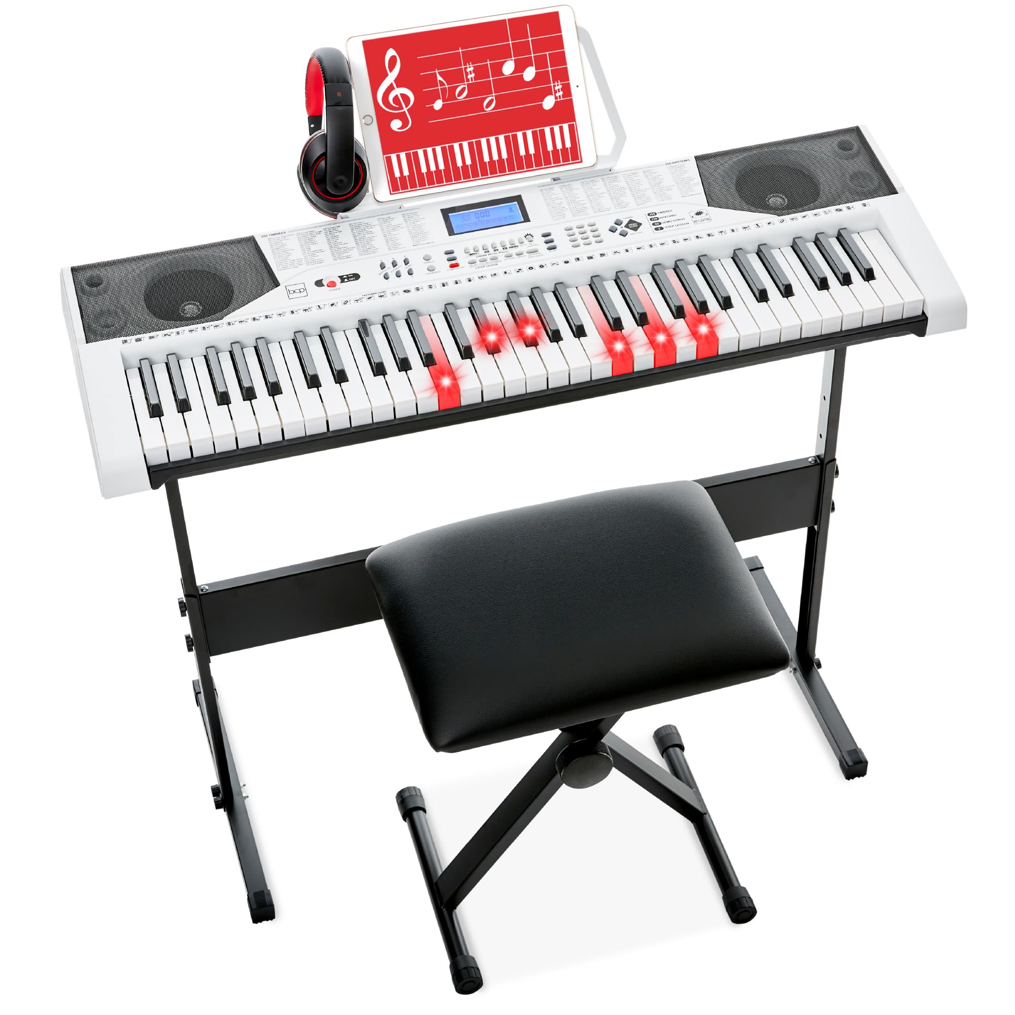 Best Choice Products 61-Key Beginners Complete Electronic Keyboard Piano Set w/Lighted Keys, LCD Screen, Headphones, Stand, Bench, Teaching Modes, Note Stickers, Built-In Speakers - White