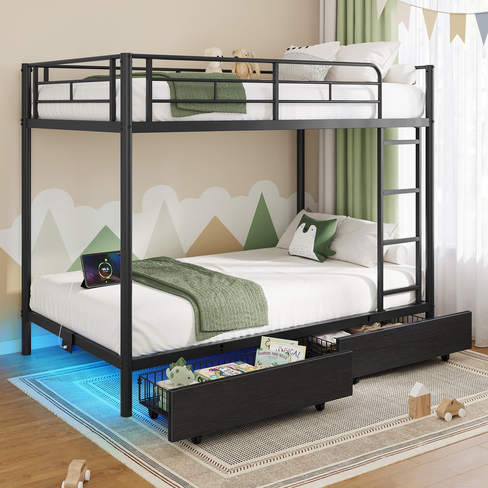 Rolanstar Metal Twin-Over-Twin Bunk Bed with LED & USB