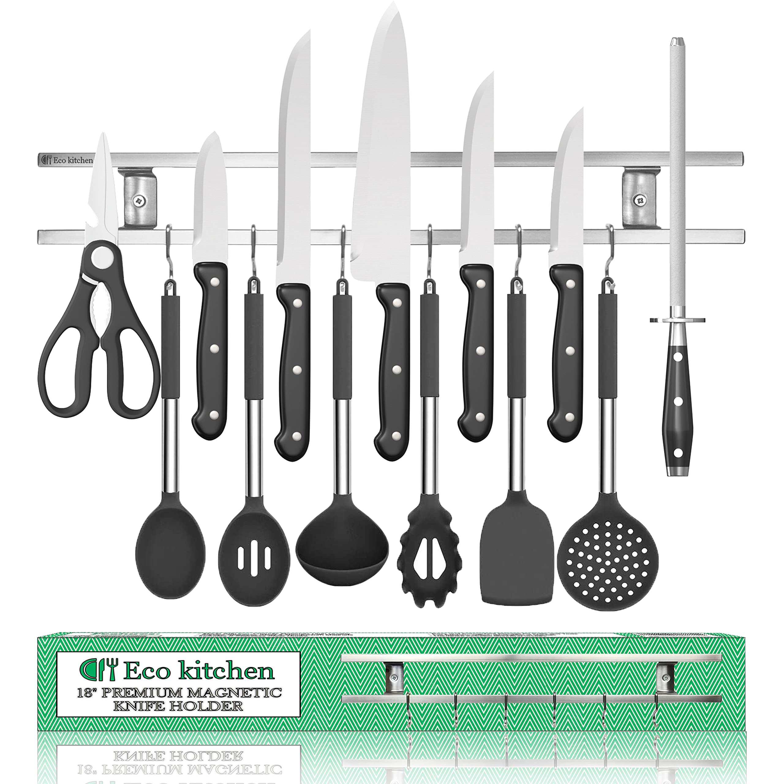 Stainless Steel Magnetic Knife Strip with Hooks