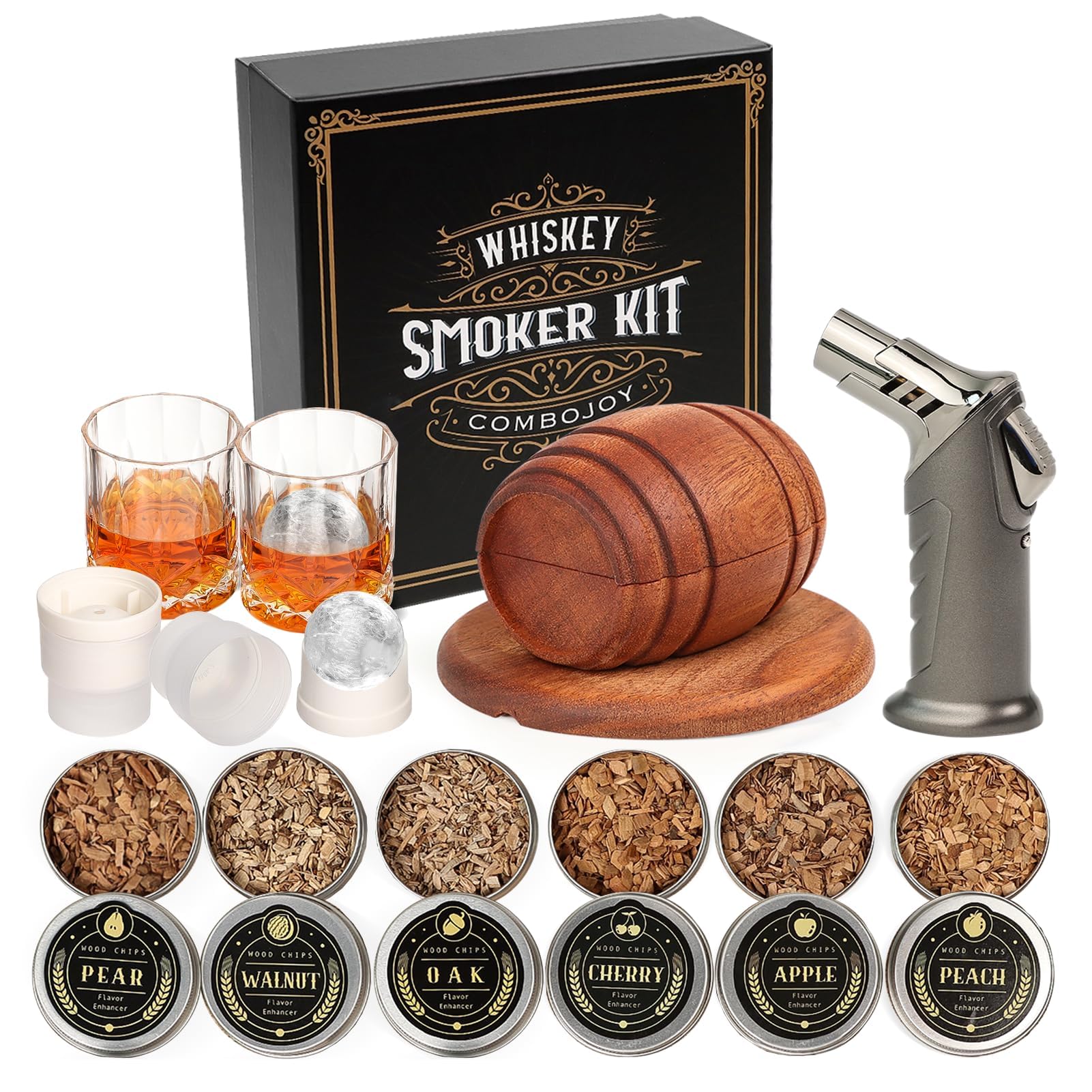 Whiskey Smoker Kit with Torch - 6 Flavors Wood Chips, 2 Glasses, 2 Ice Ball Molds