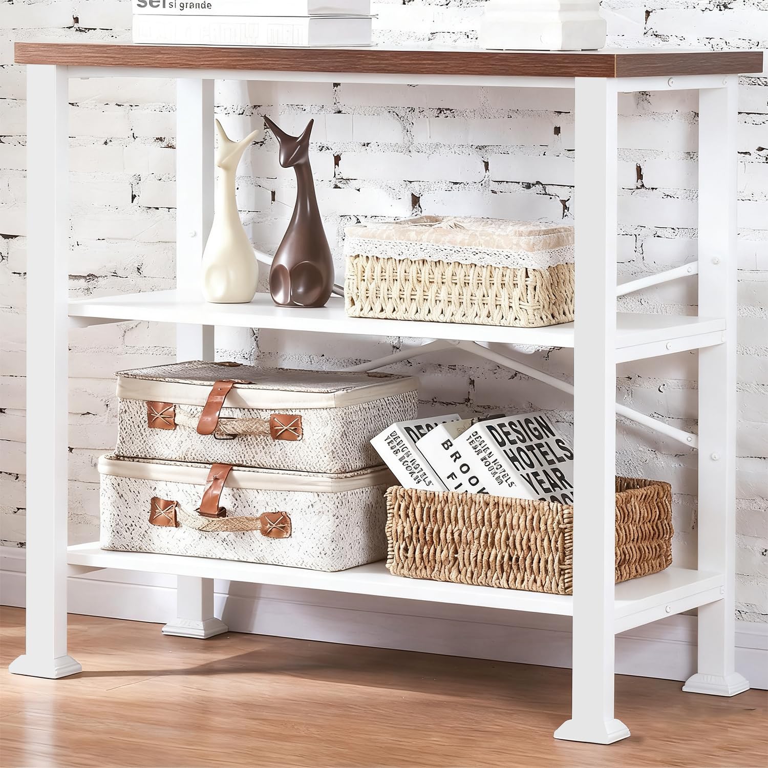 HOMBAZAAR 3‑Tier Industrial Bookcase (White/Brown)