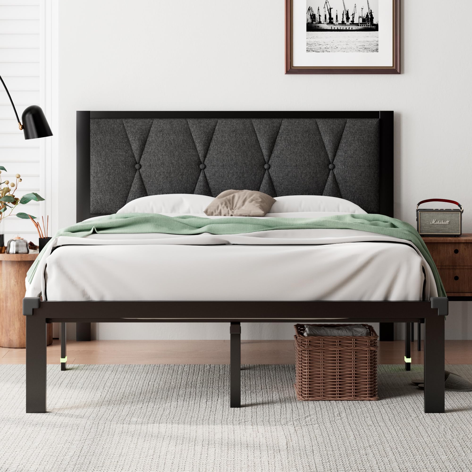 iPormis Queen Linen Tufted Headboard Bed Frame