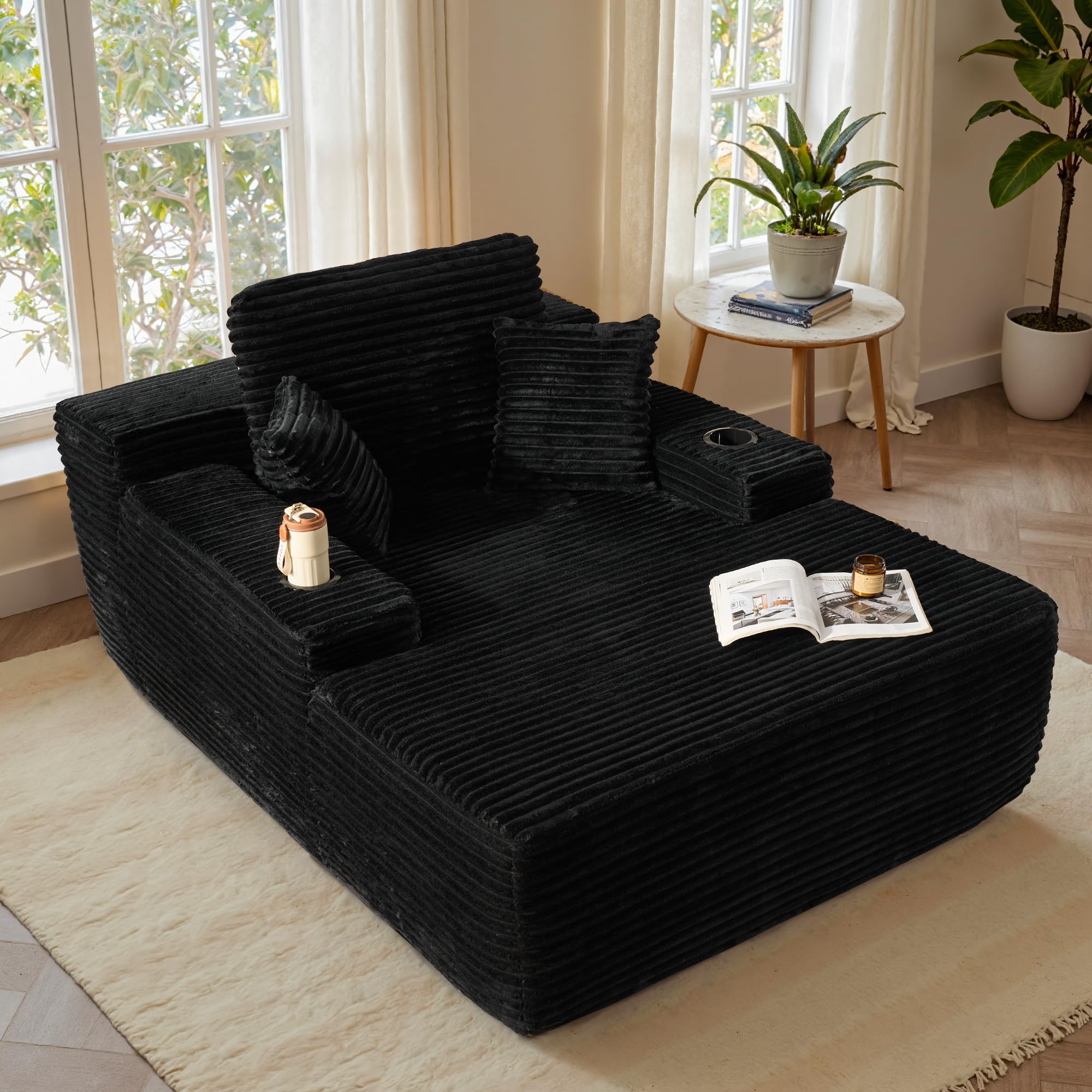ovios 67" Chaise Lounge Chair, Faux Fur Cloud Sofa with Cup Holders (Black)