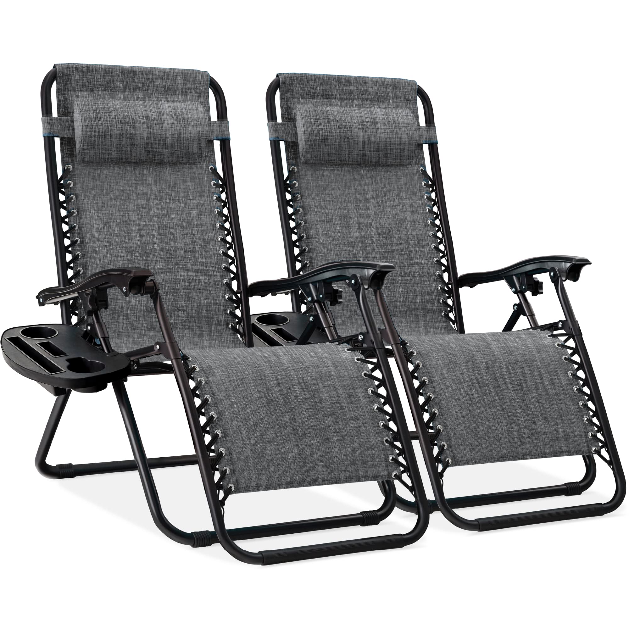 Best Choice Products Set of 2 Adjustable Steel Mesh Zero Gravity Lounge Chair Recliners w/Pillows and Cup Holder Trays - Gray Standard Grey