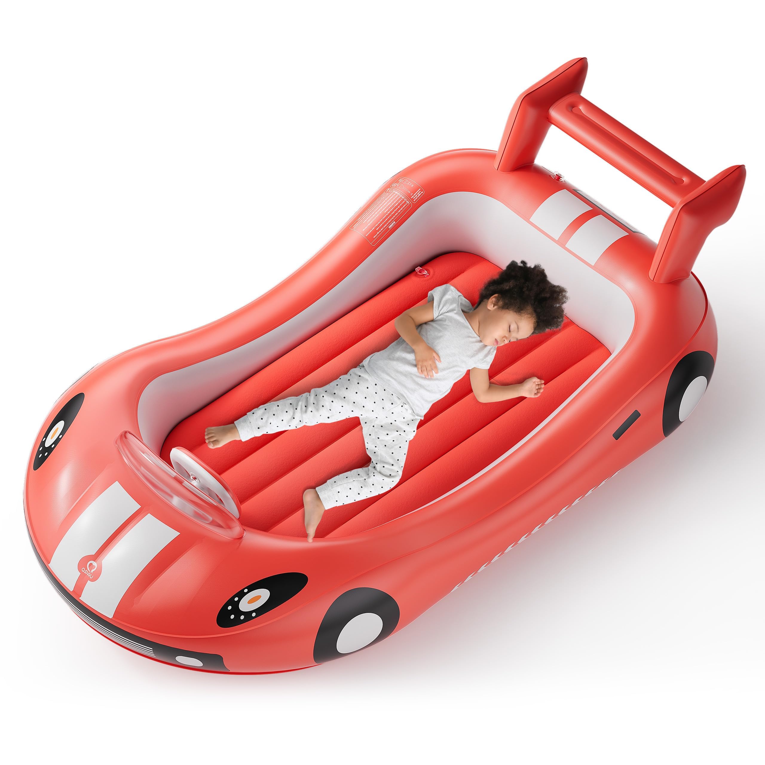 QPAU Inflatable Toddler Travel Bed — Racing Car Design with Sides and Hand Pump