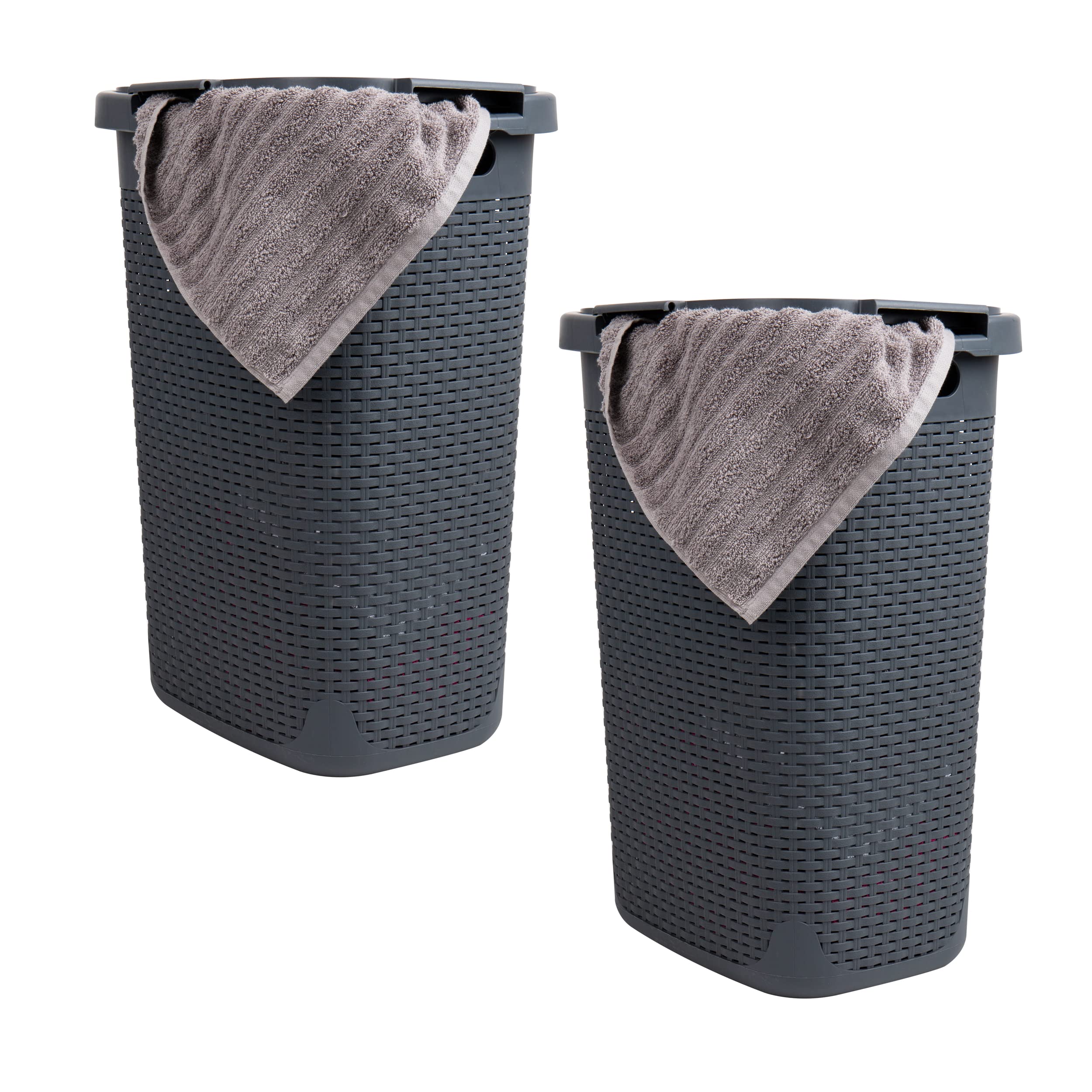 Mind Reader 60L Slim Laundry Hamper, Clothes Basket, Lid, Wicker Style, Plastic, Set of 2, Gray