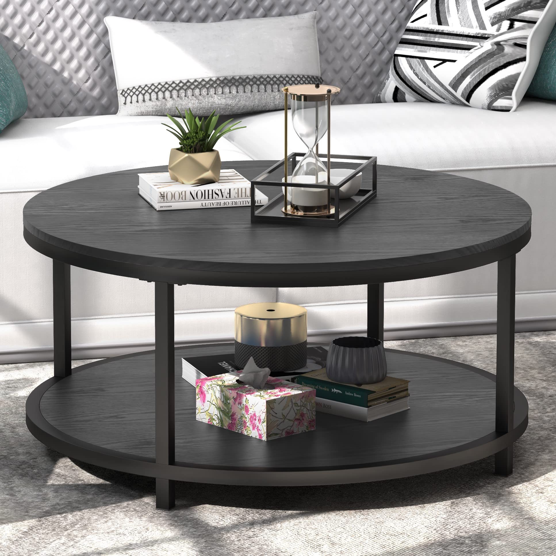 WiberWi 36in Rustic Industrial Round Coffee Table