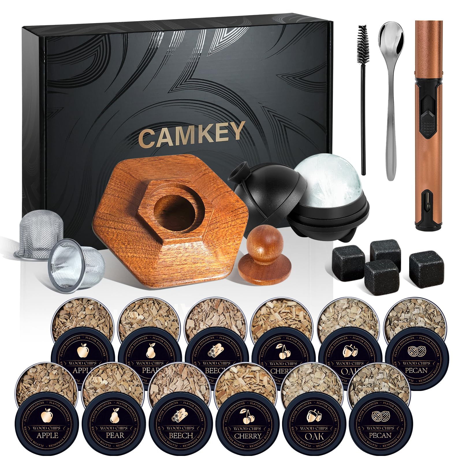 23Pcs Whiskey Smoker Kit with Torch - 12 Wood Chips, Ice Ball Mold, Complete Cocktail Smoker Infuser Kit
